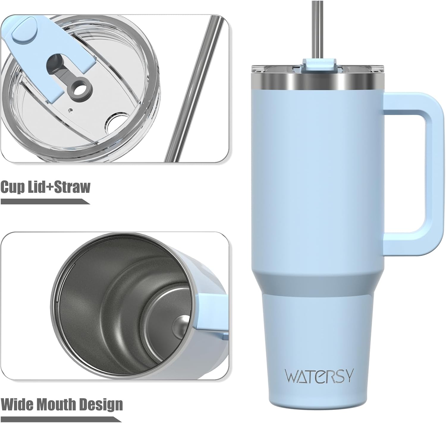 Detalle de WATERSY Travel Mug Coffee Cup 40oz: Big Stainless Steel Tumbler with Straw Lid, Handle and Double-Wall Vacuum - 1182ml, Blue