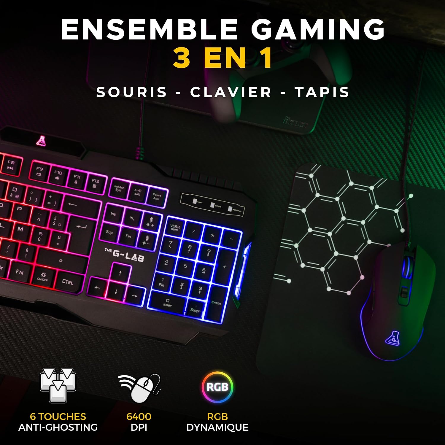 Detalle de The G-Lab Combo Hélium – Clavier + Souris + Tapis 3 en 1 pour PC, PS4/PS5 et Xbox
