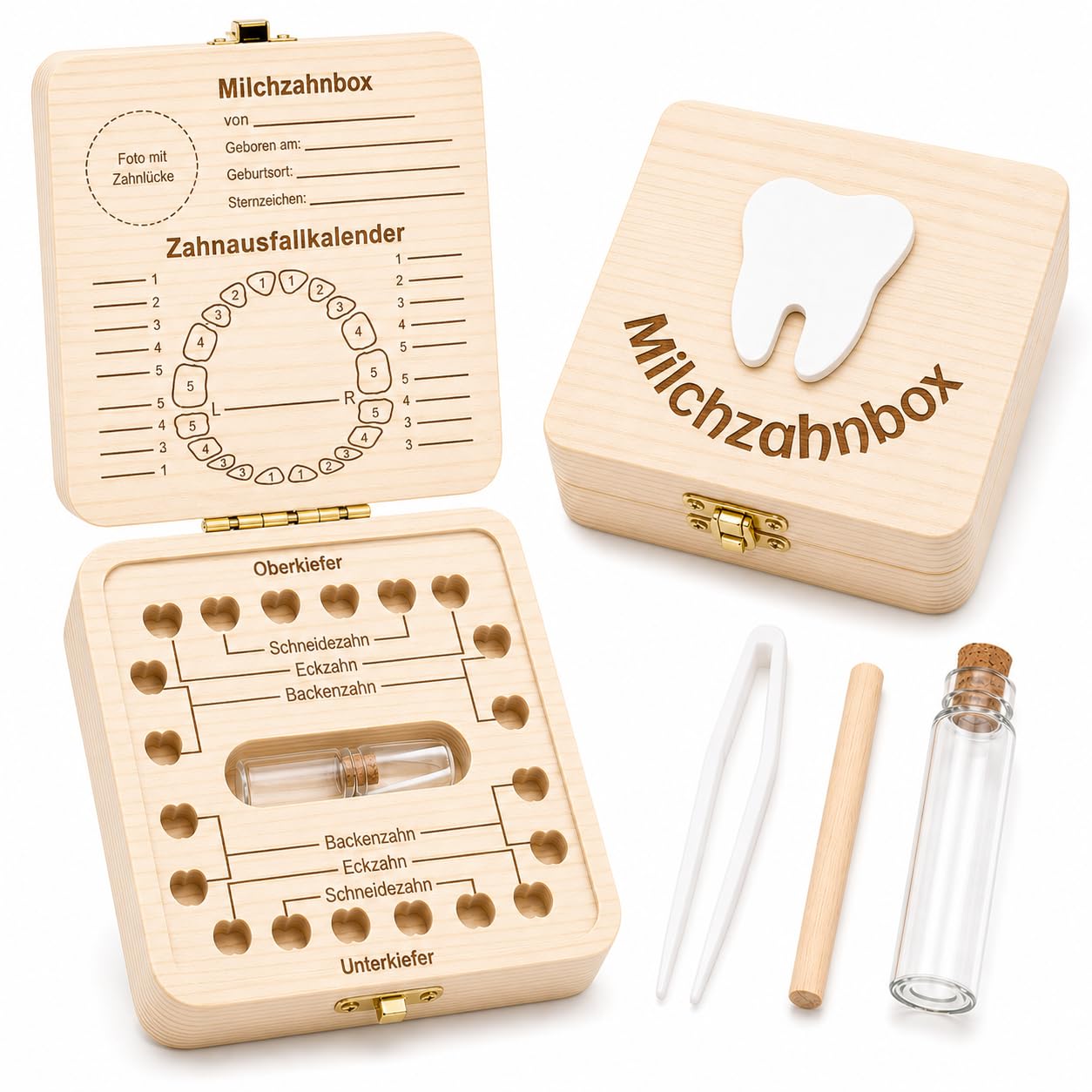 Detalle de Zahnbox Holz „Milchzähne Box“ – Aufbewahrungsbox für Baby-Zähne (Milchzahndose, quadratisch)