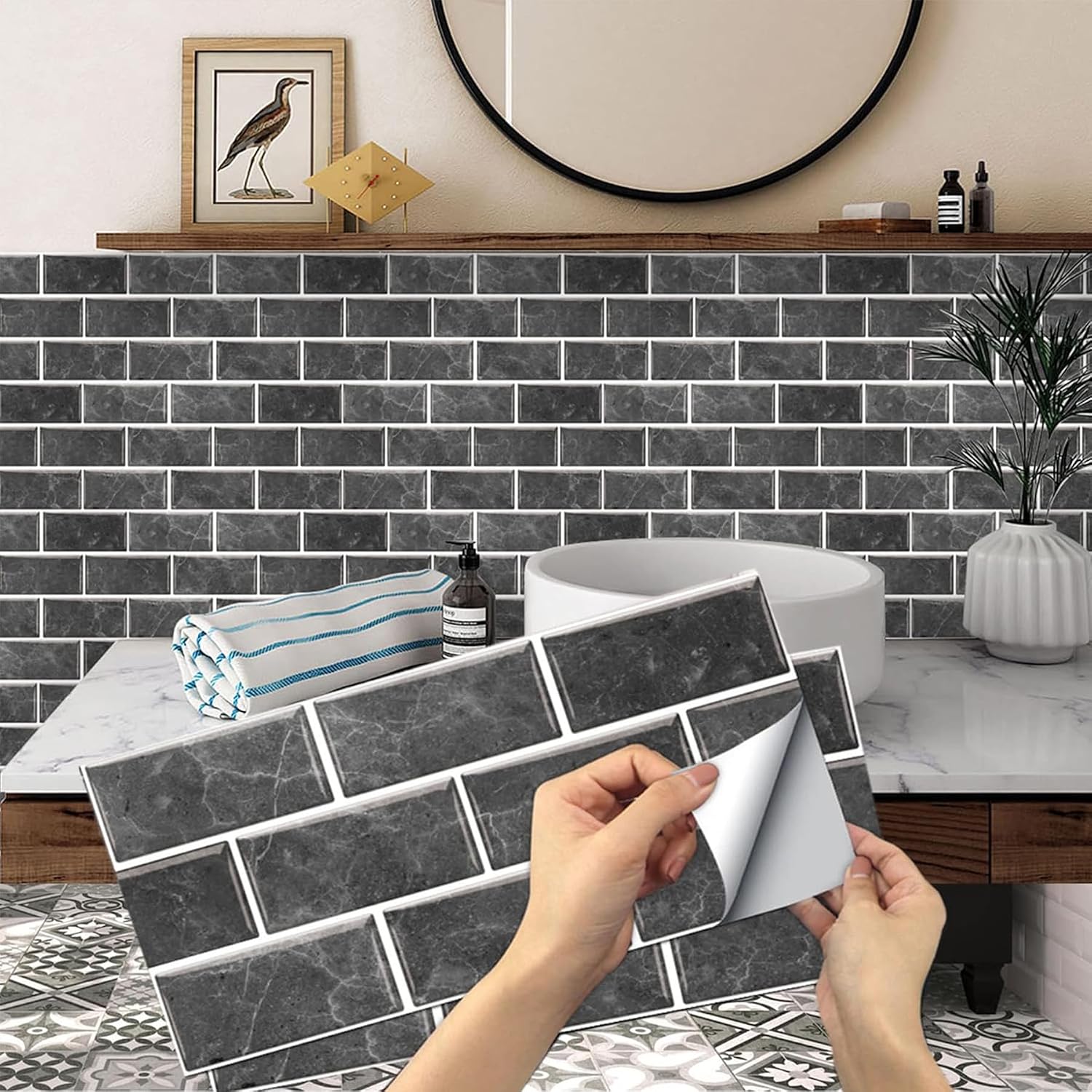 Detalle de Black Tile Peel‑and‑Stick Backsplash 24 sheets 🏠