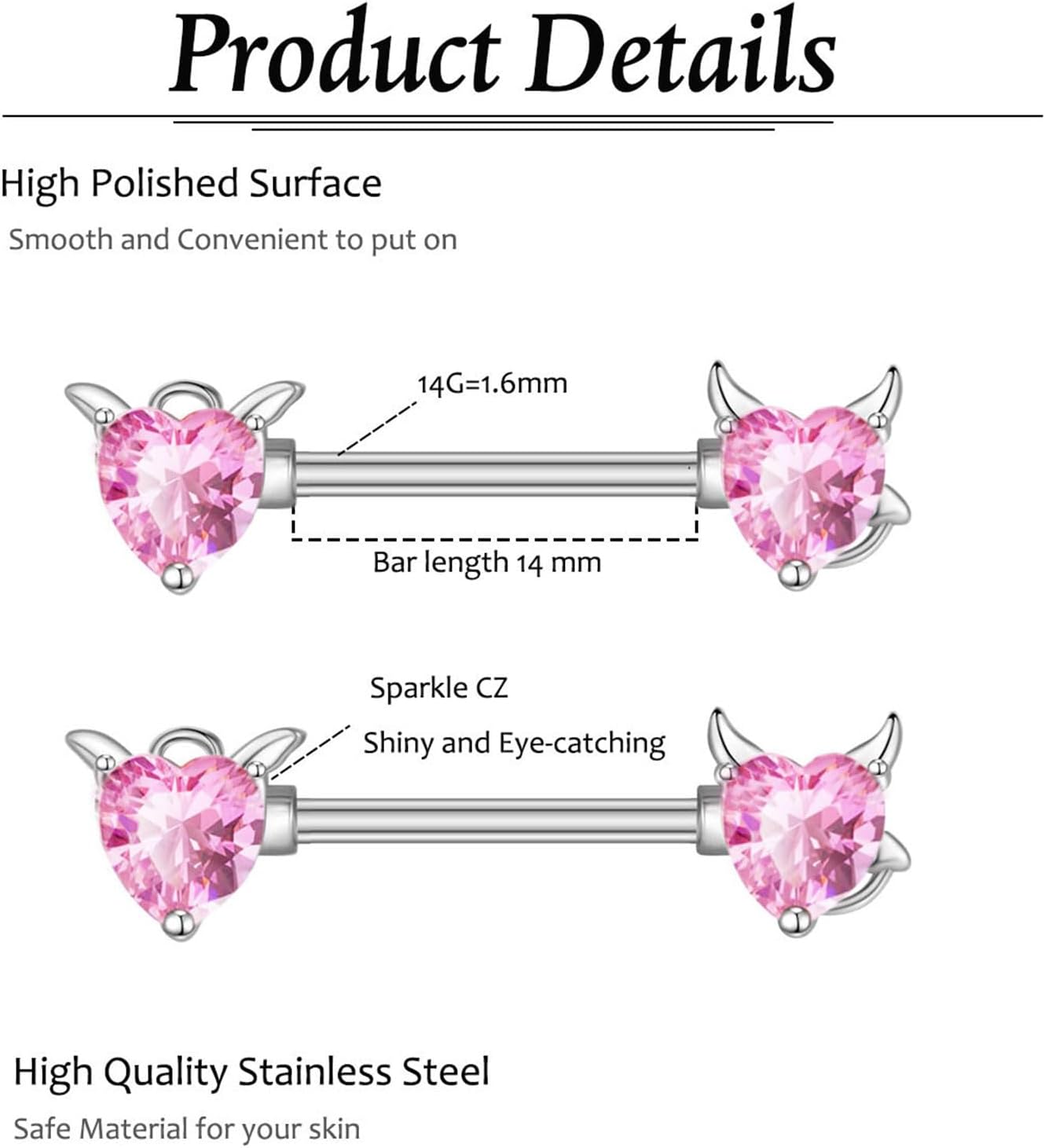 Thumbnail 2 de Besyvvin Nipple Bars 14mm stainless steel 14G nipple rings (heart, butterfly) CZ