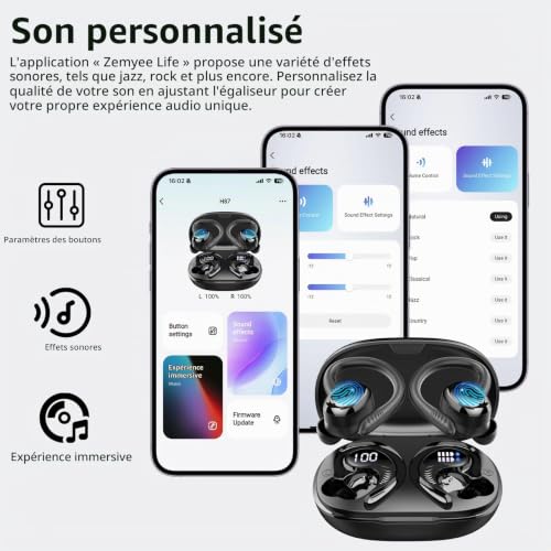 Detalle de Hupoaf Écouteurs Bluetooth Sans Fil Sport – Son personnalisable via l’application, 60+ heures d’autonomie