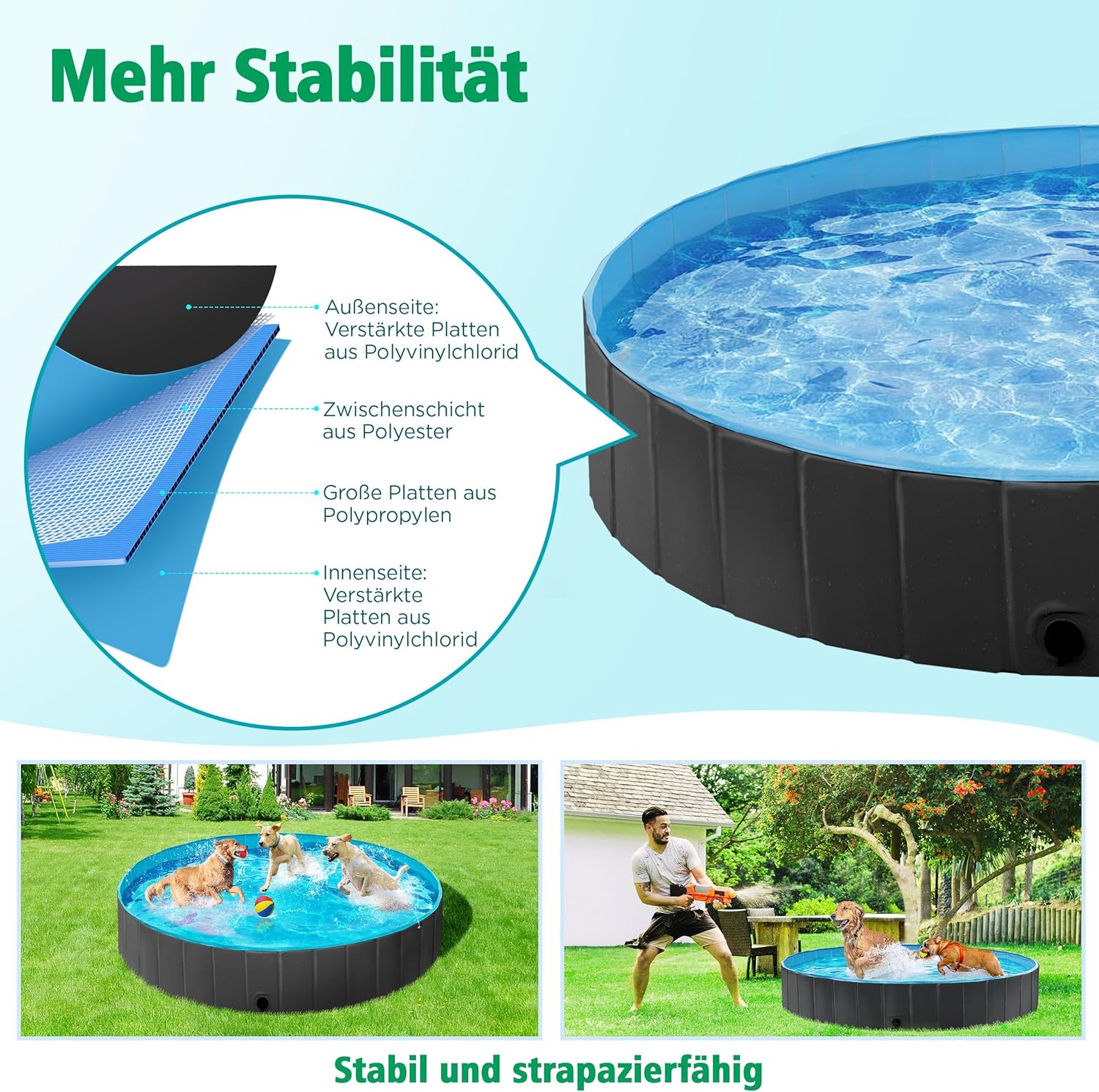 Detalle de Yaheetech faltbares Hundepool 180 x 30 cm mit Anti-Rutsch, Ablass & Reparaturset
