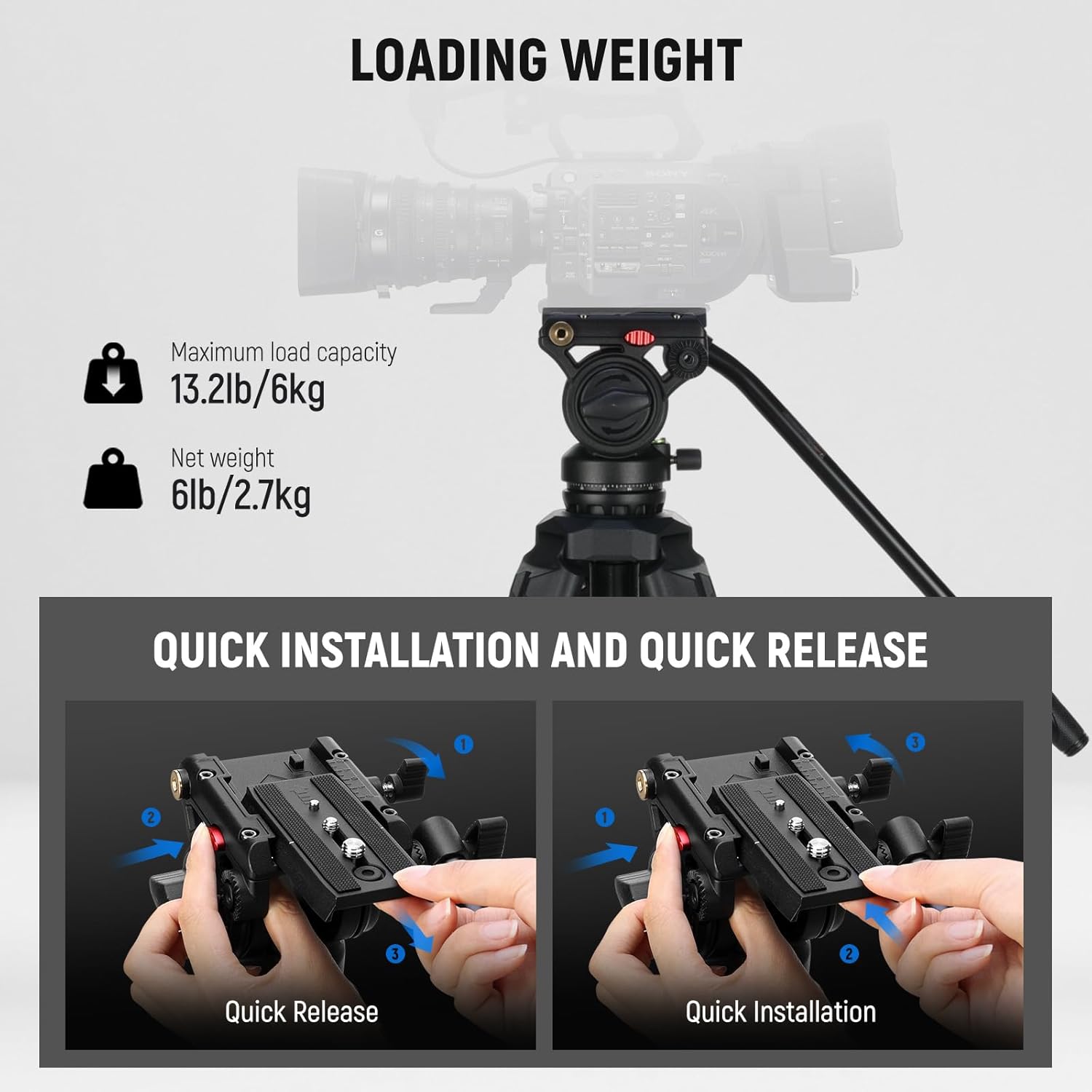 Detalle de NEEWER Video Tripod with Fluid Head, TP73: Heavy-Duty aluminium yet portable for DSLR, Camcorder and DJI gimbals