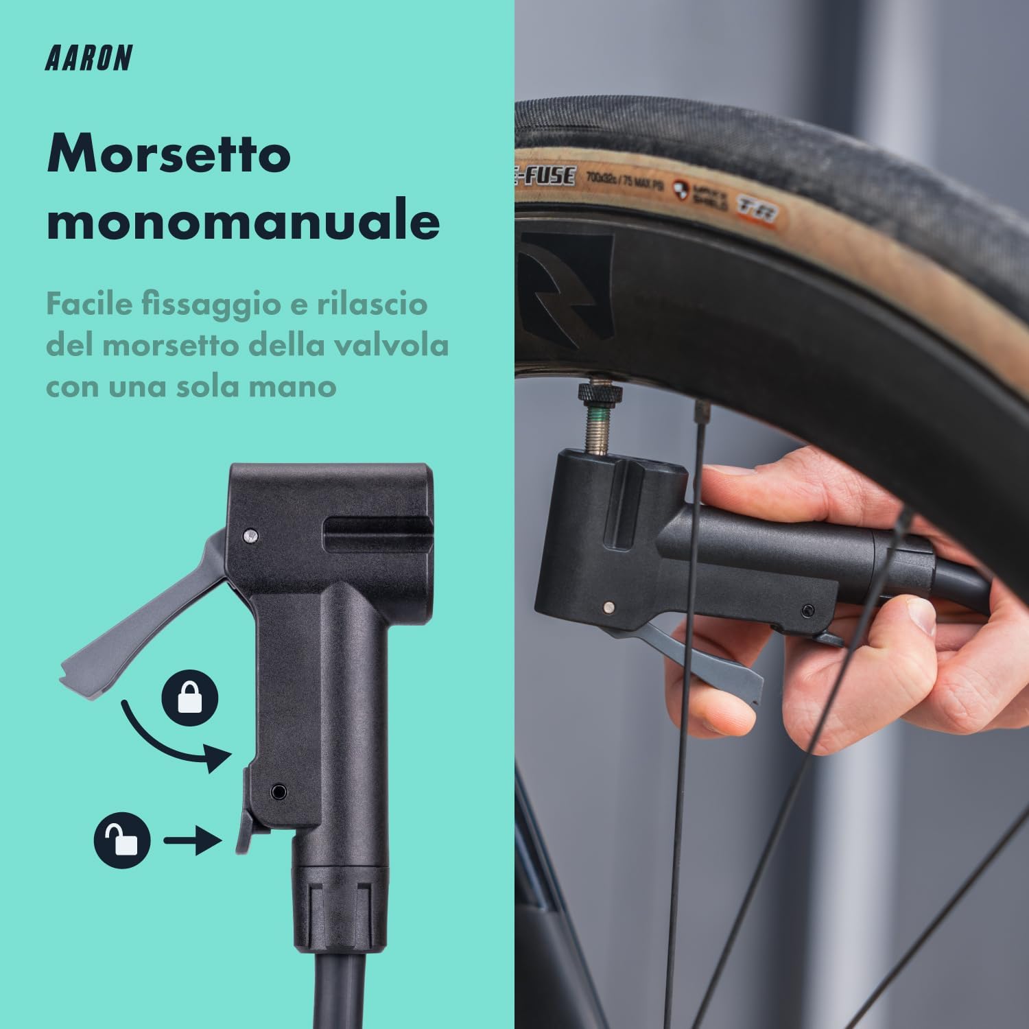 Detalle de AARON Sport One: Pompa a pavimento per Biciclette con manometro, alta pressione fino a 11 bar/160 psi