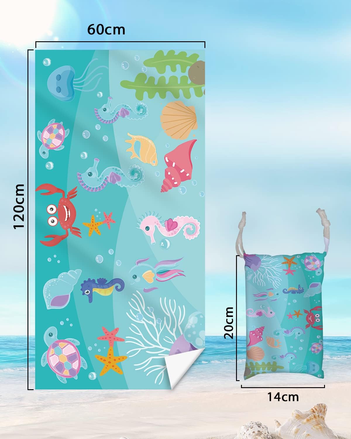 Detalle 2 de Rowjoy Telo da spiaggia per bambini Blue Ocean: asciugamano mare in microfibra con animali marini (60 x 120 cm)