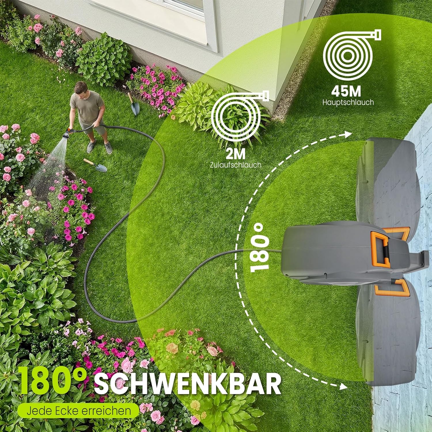 Thumbnail 2 de Bietor Schlauchtrommel Wasser 45m + 2m – 180° Schwenkbare Wandhalterung, automatische Aufrollung mit 10‑Funktionen Sprühdüse