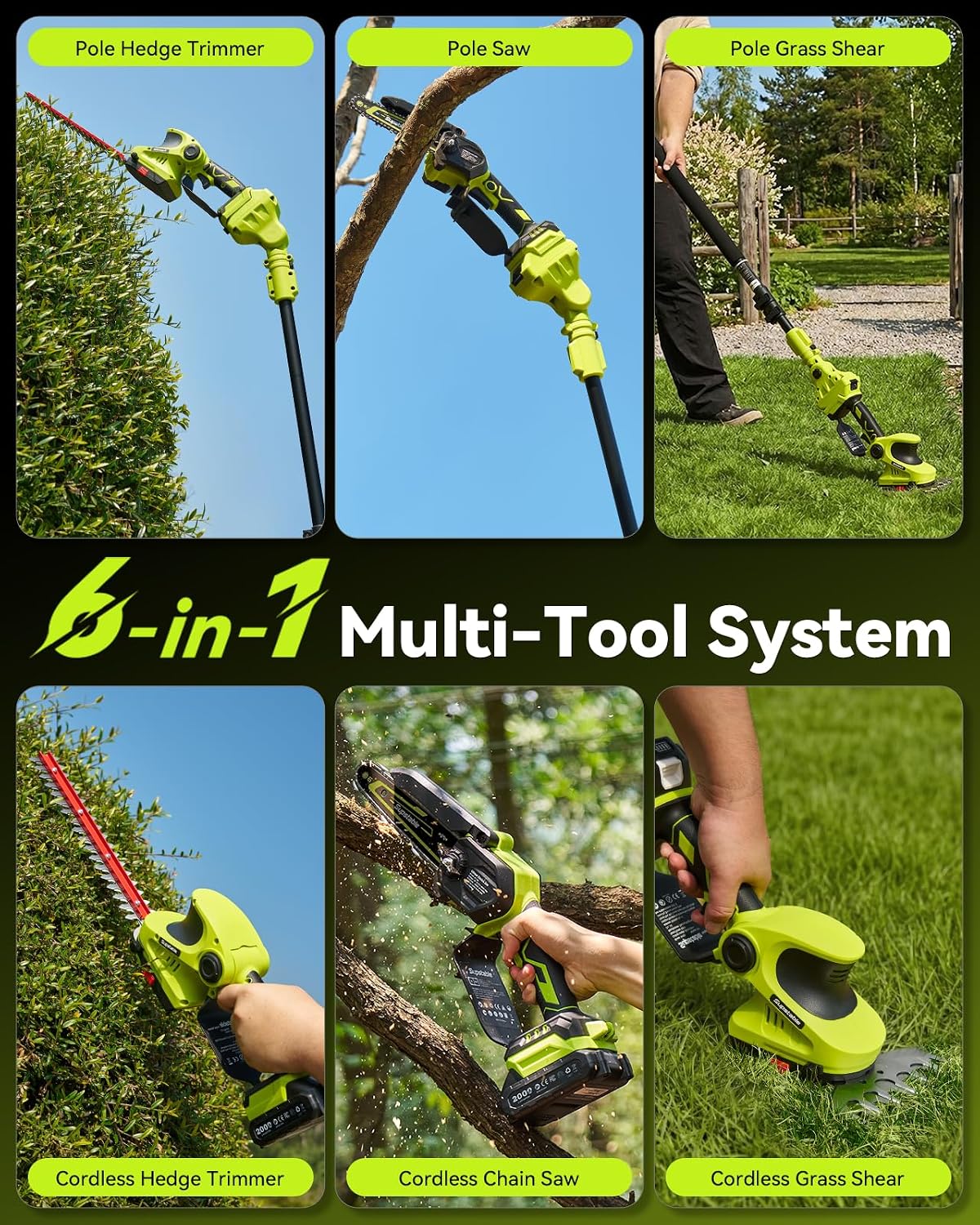 Detalle de Supstable SH301 6-in-1 Cordless Pole Saw and Hedge Trimmer, 15-Foot Reach