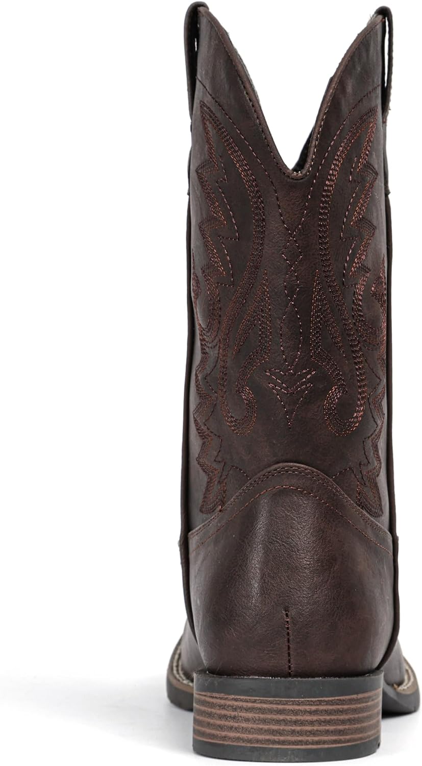 Detalle de IUV Men’s Cowboy Boots with Wide Square Toe, Western Embroidery, Pull-On Slip-Resistant Sole