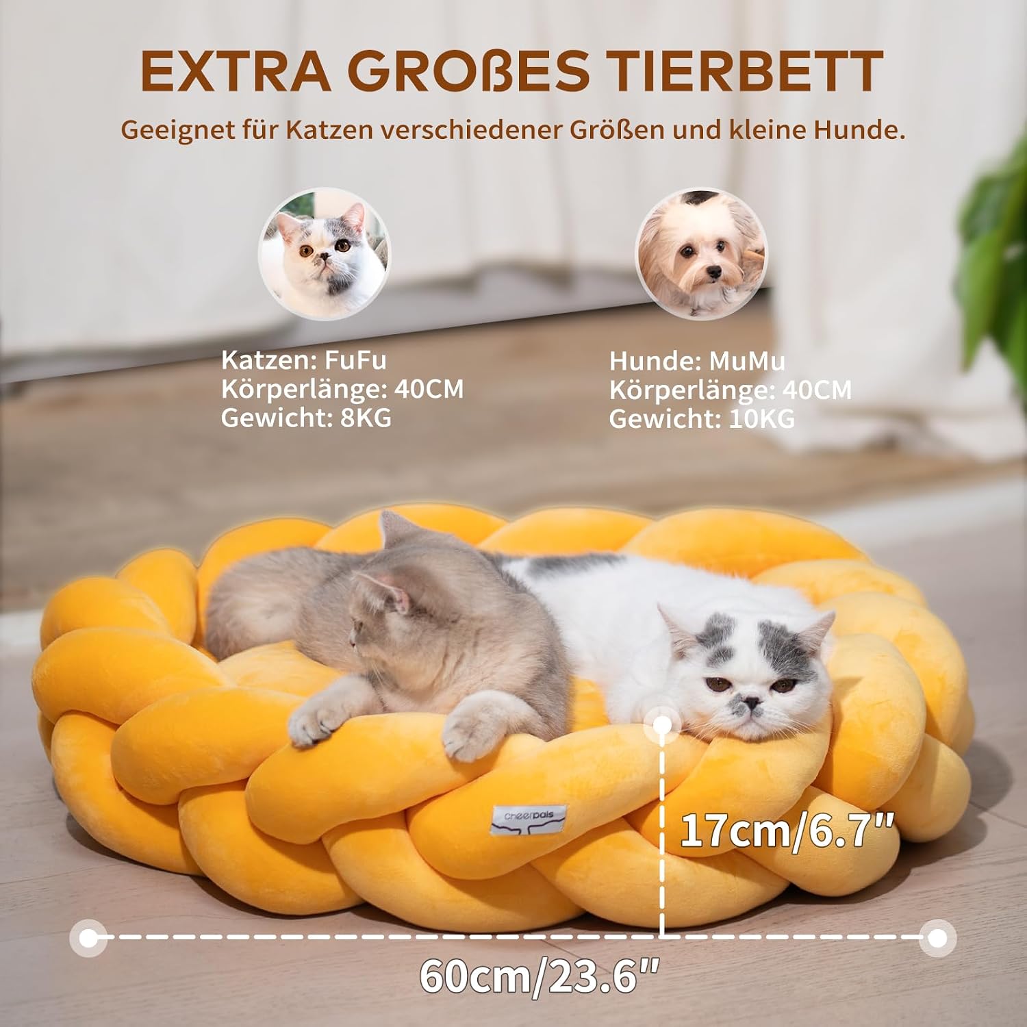 Detalle 2 de CheerPals Großes Katzenbett 60 cm – Geflochtenes, waschbares Kuschelhöhle-Bett für Katzen und kleine Hunde