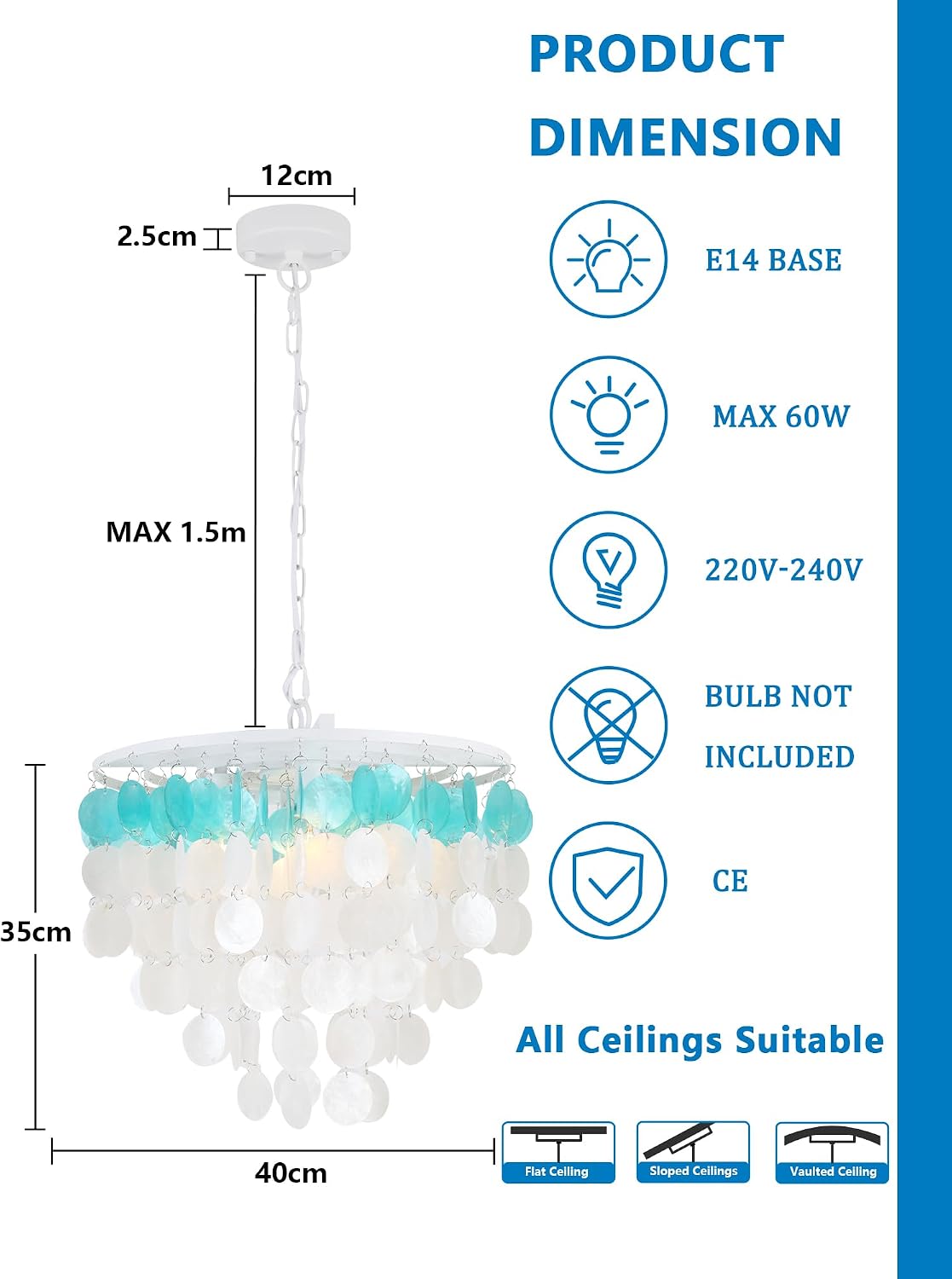 Thumbnail 1 de bomiel Coastal Capiz Muschel Kronleuchter Ø40 cm – Blau-Weiße Pendelleuchte mit 4x E14, höhenverstellbar