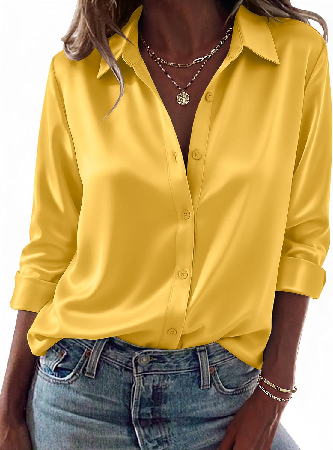 Detalle de Zeagoo Women's Long-Sleeve Satin Button-Down Blouse with Turn-Down Collar