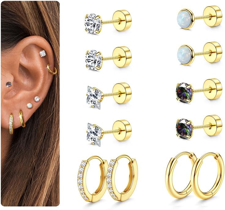 Detalle de Roheafer 6 Paar Ohrringe Gold (Chirurgenstahl) – Flatback Ohrstecker & kleine Creolen für mehrere Piercings