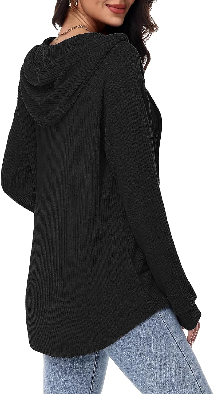 Thumbnail 4 de Tanmolo Damen Hoodie-Pullover mit Kapuze, V-Ausschnitt und Knopfleiste – leichter Strick für Alltag & Übergangszeit