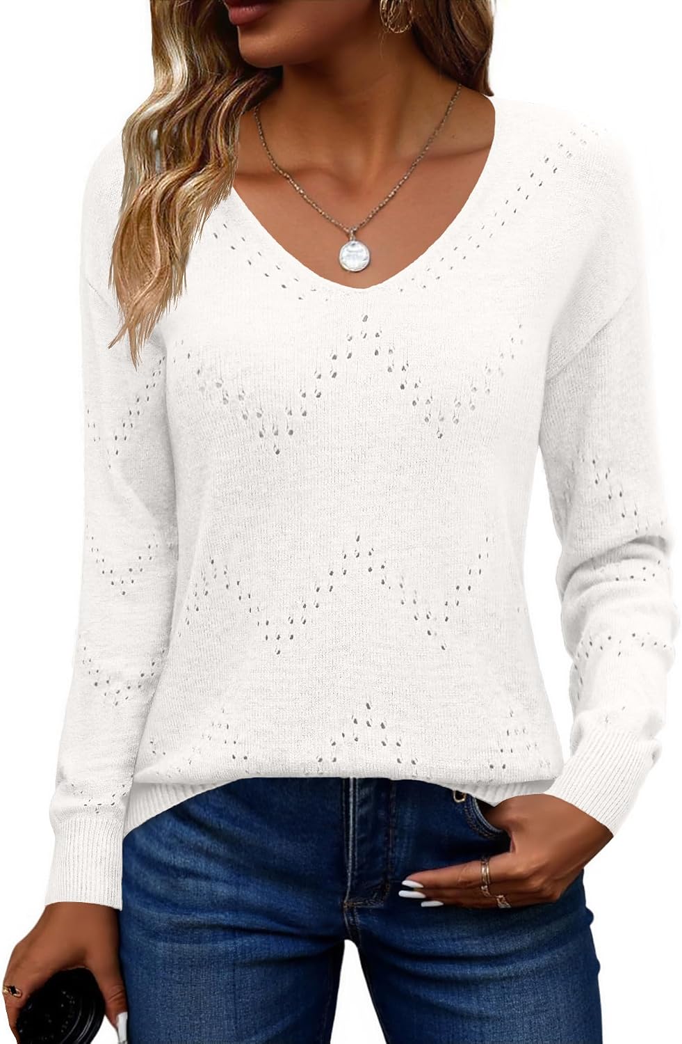 Detalle de Zeagoo Pull Femme Élégant à Col en V en crochet – Automne/Hiver