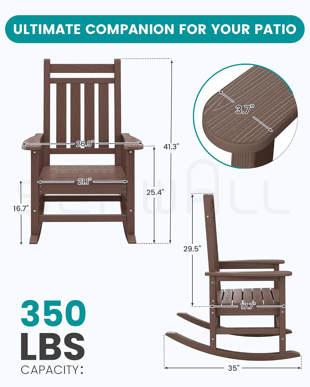 Thumbnail 2 de SERWALL A041-088 Outdoor Rocking Chairs, Set of 4, HDPE, Brown