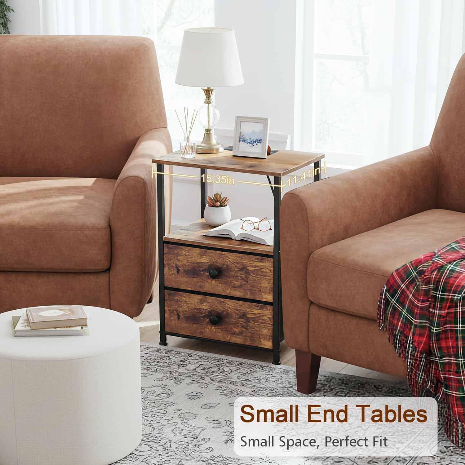 Detalle 2 de LOAKEKEL Night Stand Set of 2 with Charging Station, 2 Fabric Drawers and Storage Shelves
