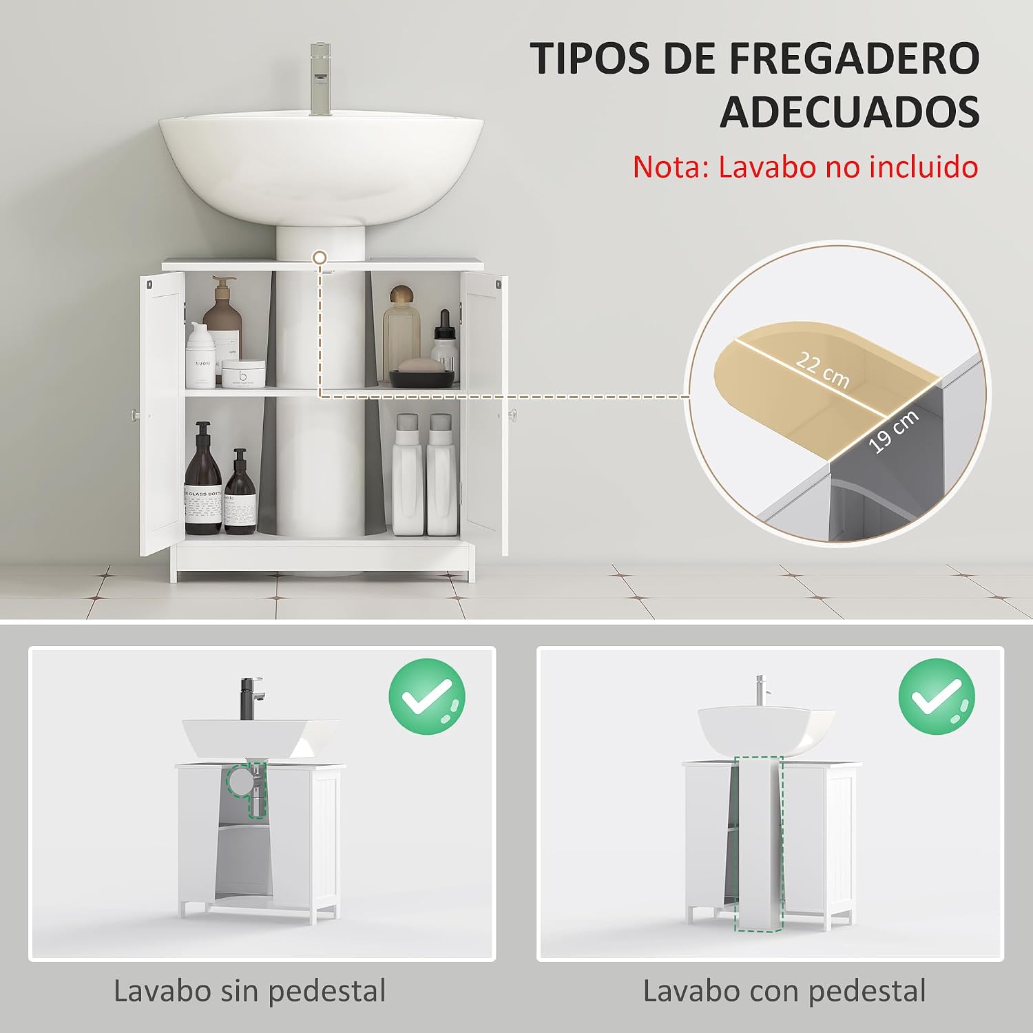 Thumbnail 3 de HOMCOM Mueble bajo Lavabo 60x30x60 cm Blanco