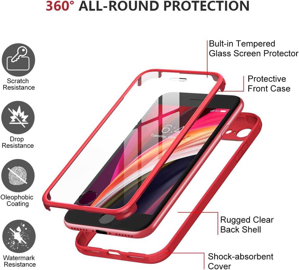 Thumbnail 1 de iPhone SE 2022/2020 Case with Built-in Glass Screen Protector – Red Bumper, Transparent Back