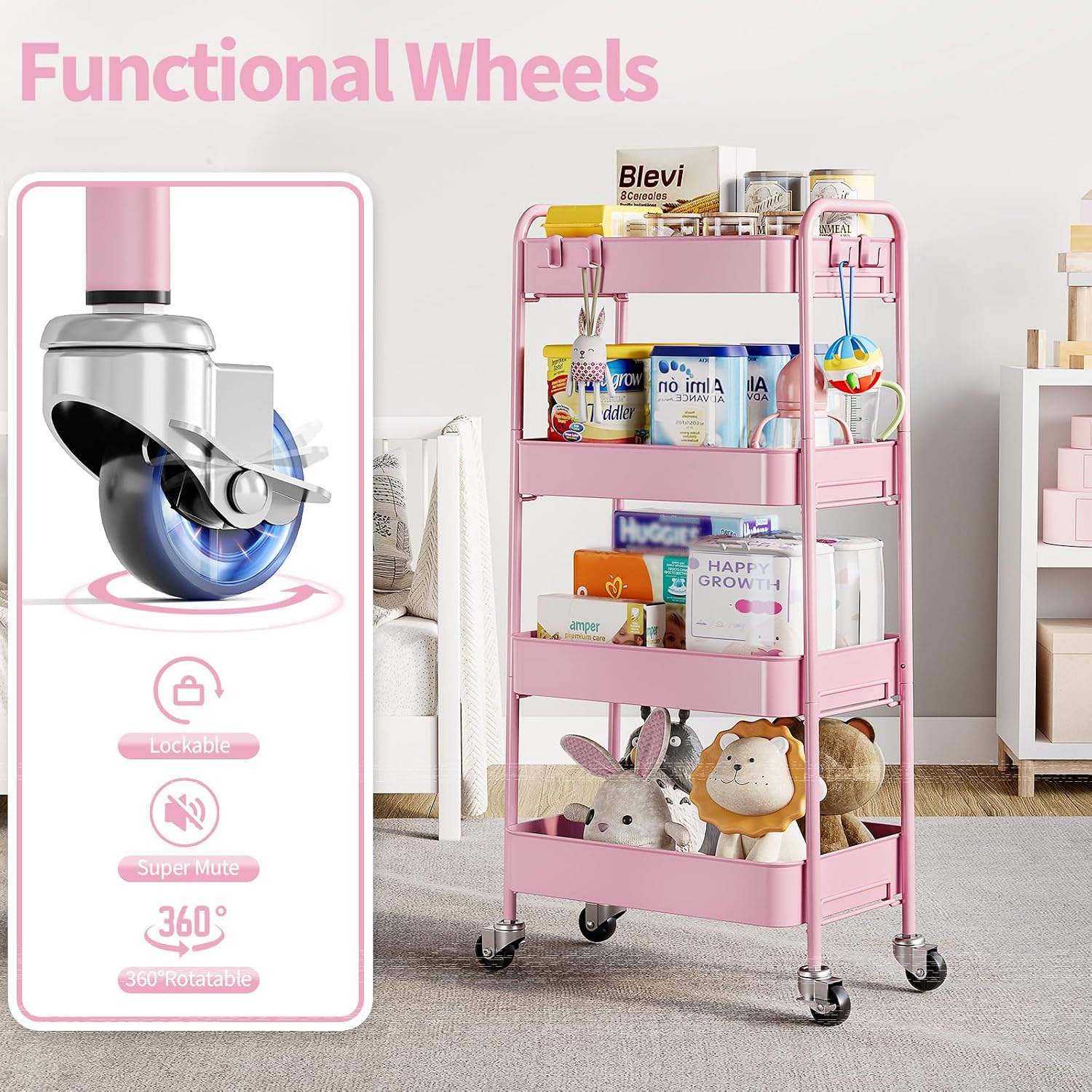 Detalle de TOOLF 13106 4-Tier Metal Rolling Cart, Pink with Locking Wheels