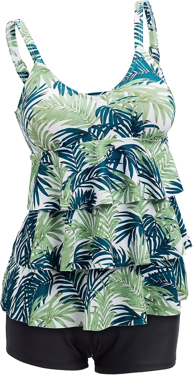 Detalle 2 de ECUPPER Womens Tankini Sets: Ruffled Flounce Top with Printed Shorts, 2-Piece Plus Size Swimwear