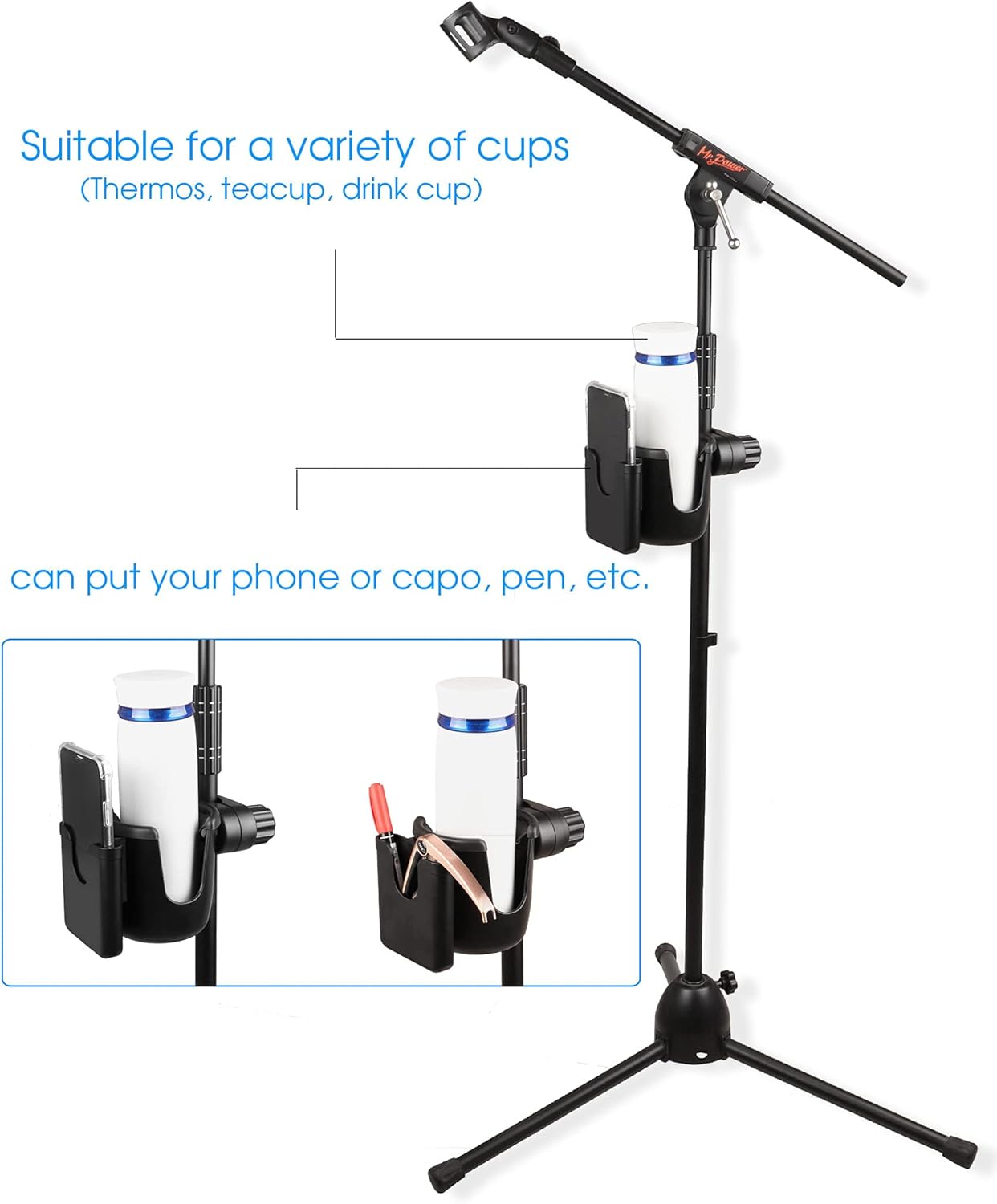 Detalle de Mr.Power Mic Stand Cup Holder with Phone Holder (Universal 2-in-1) for Boom & Music Stands