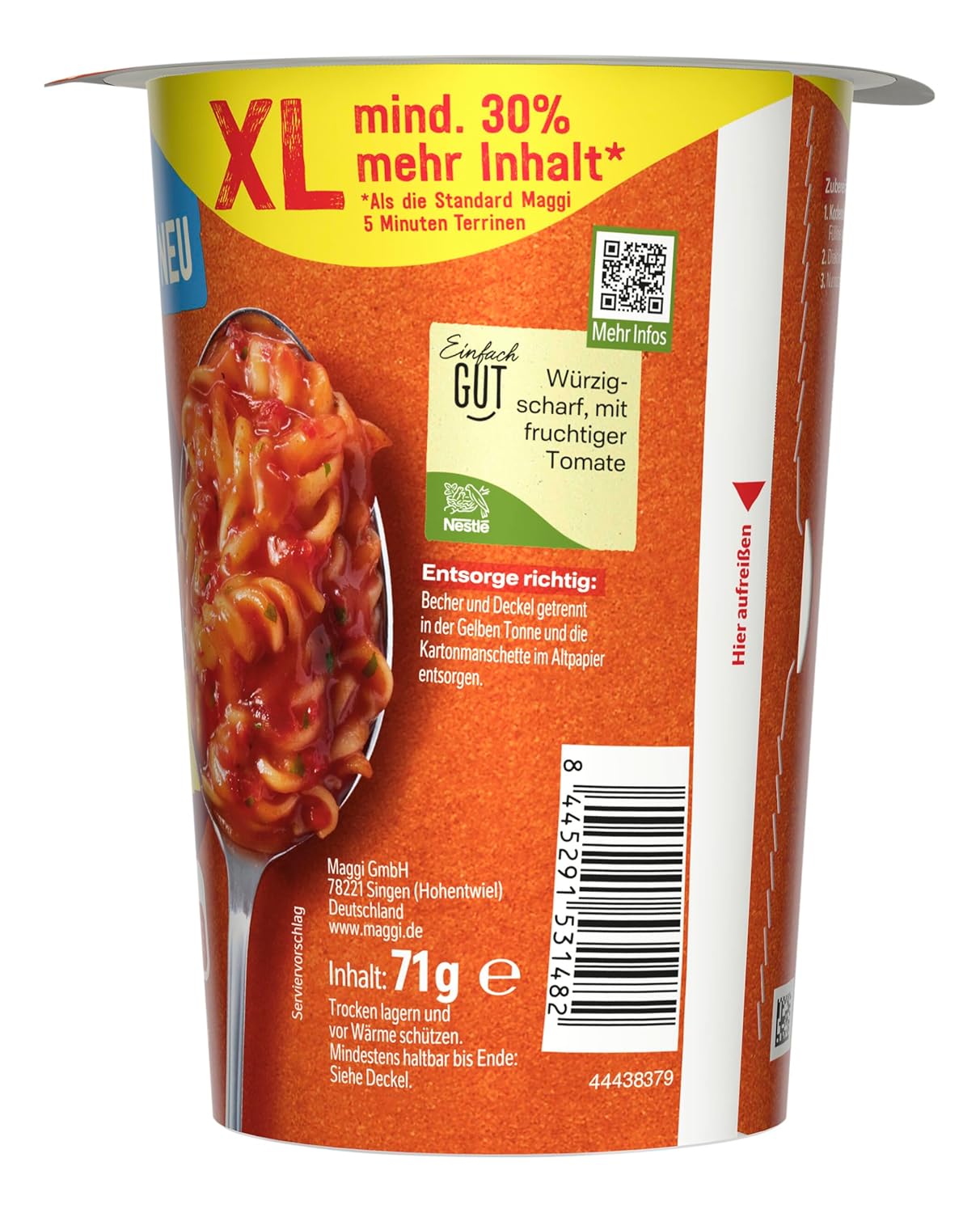 Detalle 2 de MAGGI 5 Minuten Terrine XL Nudeln All' Arrabbiata – XL-Portion, vegetarisch, pikant (8 x 71 g)