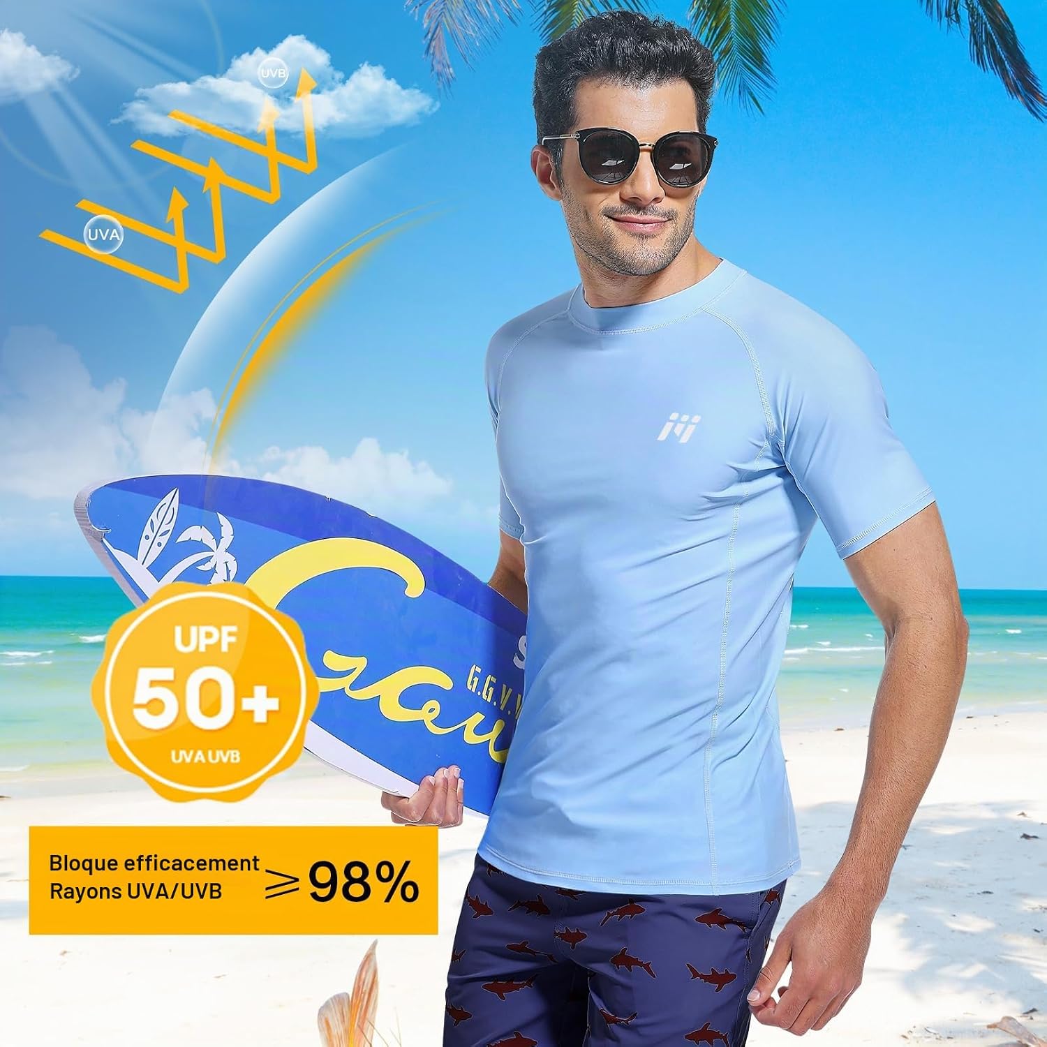 Detalle de MEETWEE Rashguard Anti-UV Homme – UPF 50+ à manches courtes/longues, séchage rapide