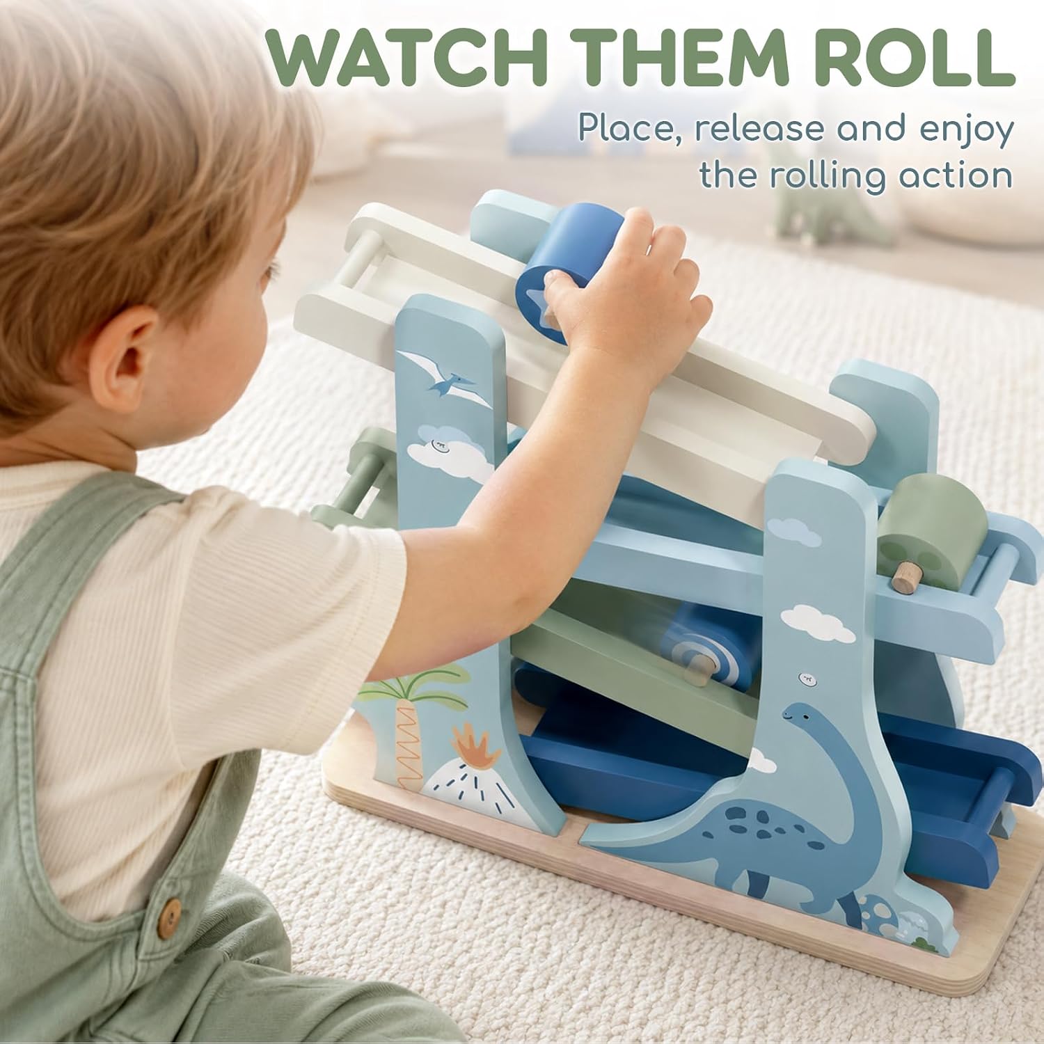 Detalle 2 de Lehoo Castle Wooden Dinosaur Ramp Toy with 4 Rollers