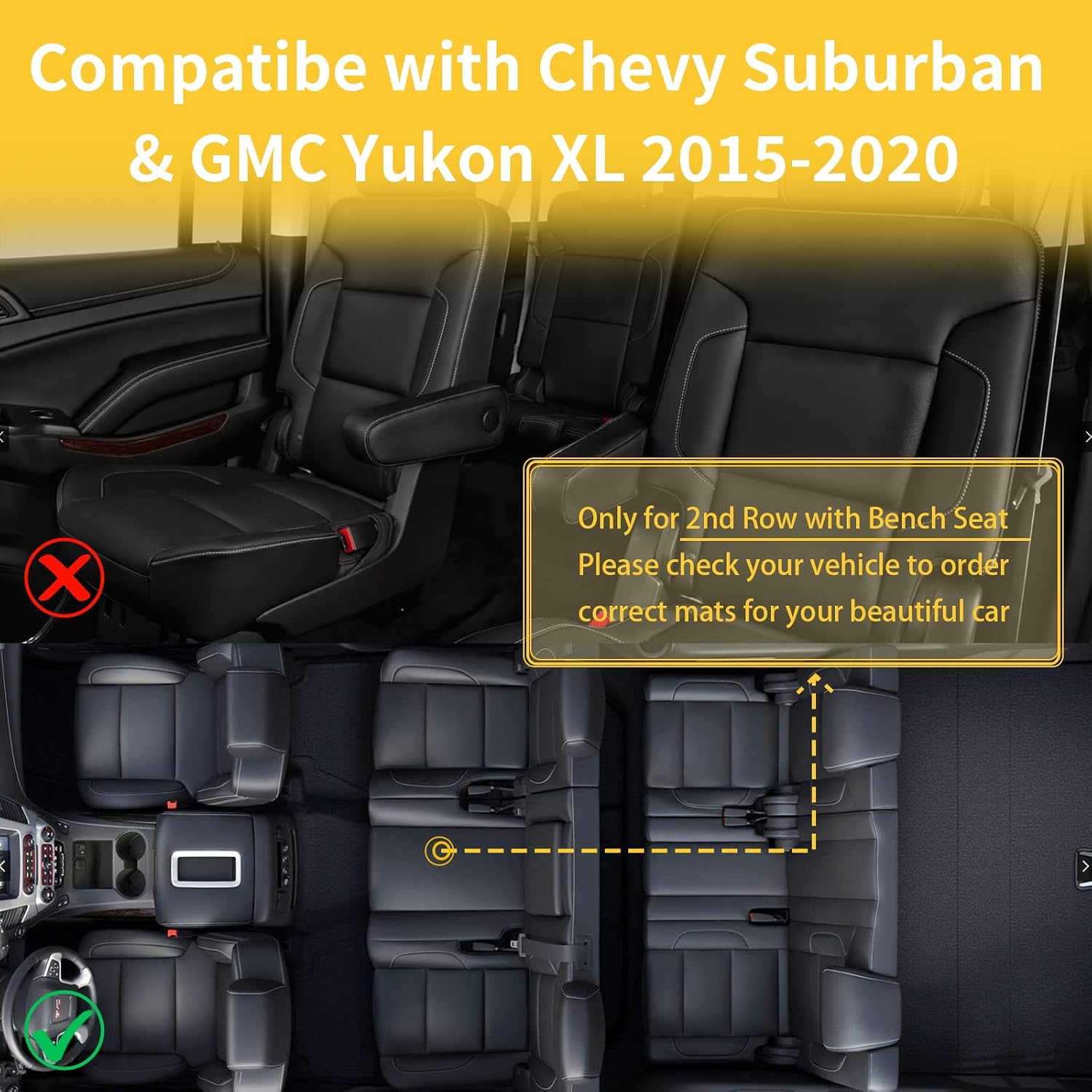 Detalle de GINOWY Floor Mats for Chevy Suburban/GMC Yukon XL 2015-2020 — 2nd Row with Bench Seat, All-Weather TPE Floor Liners