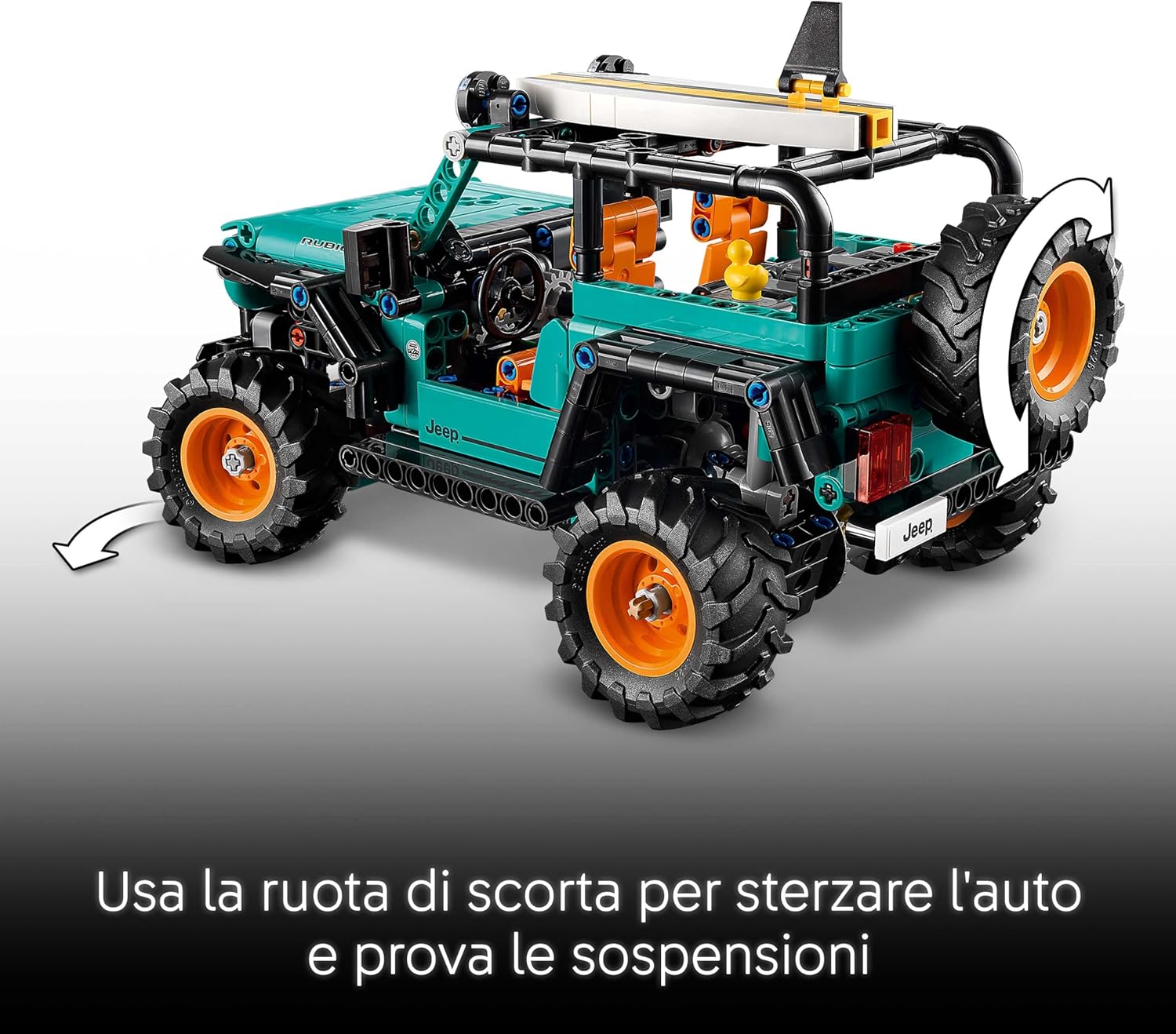 Detalle de LEGO Technic SUV Jeep Wrangler Rubicon 42227 — Avventura fuoristrada con motore V6, sterzo e sospensioni