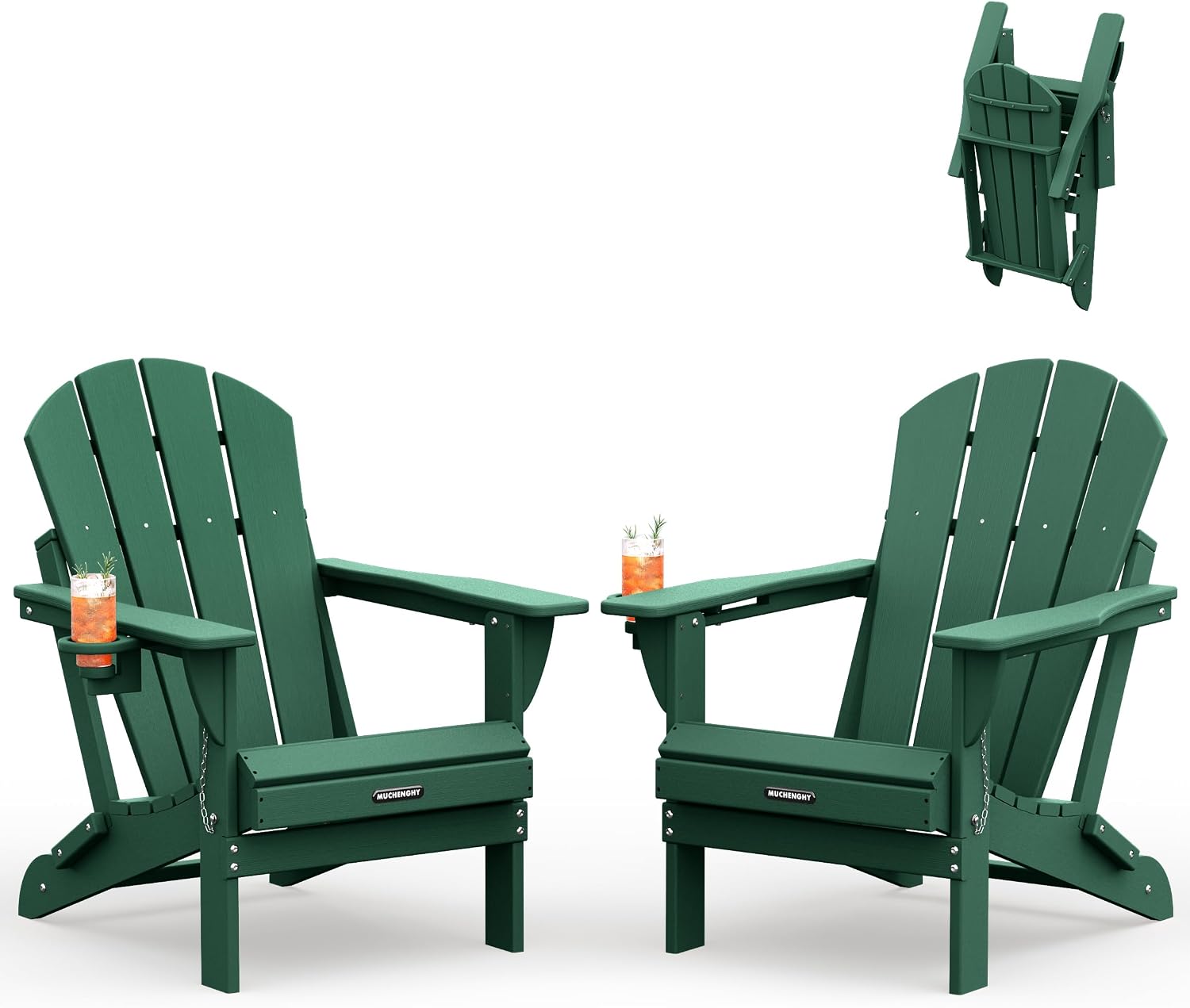 Detalle de MUCHENGHY Folding Adirondack Chair Set of 2, Green HDPE Patio Chairs with Cup Holders