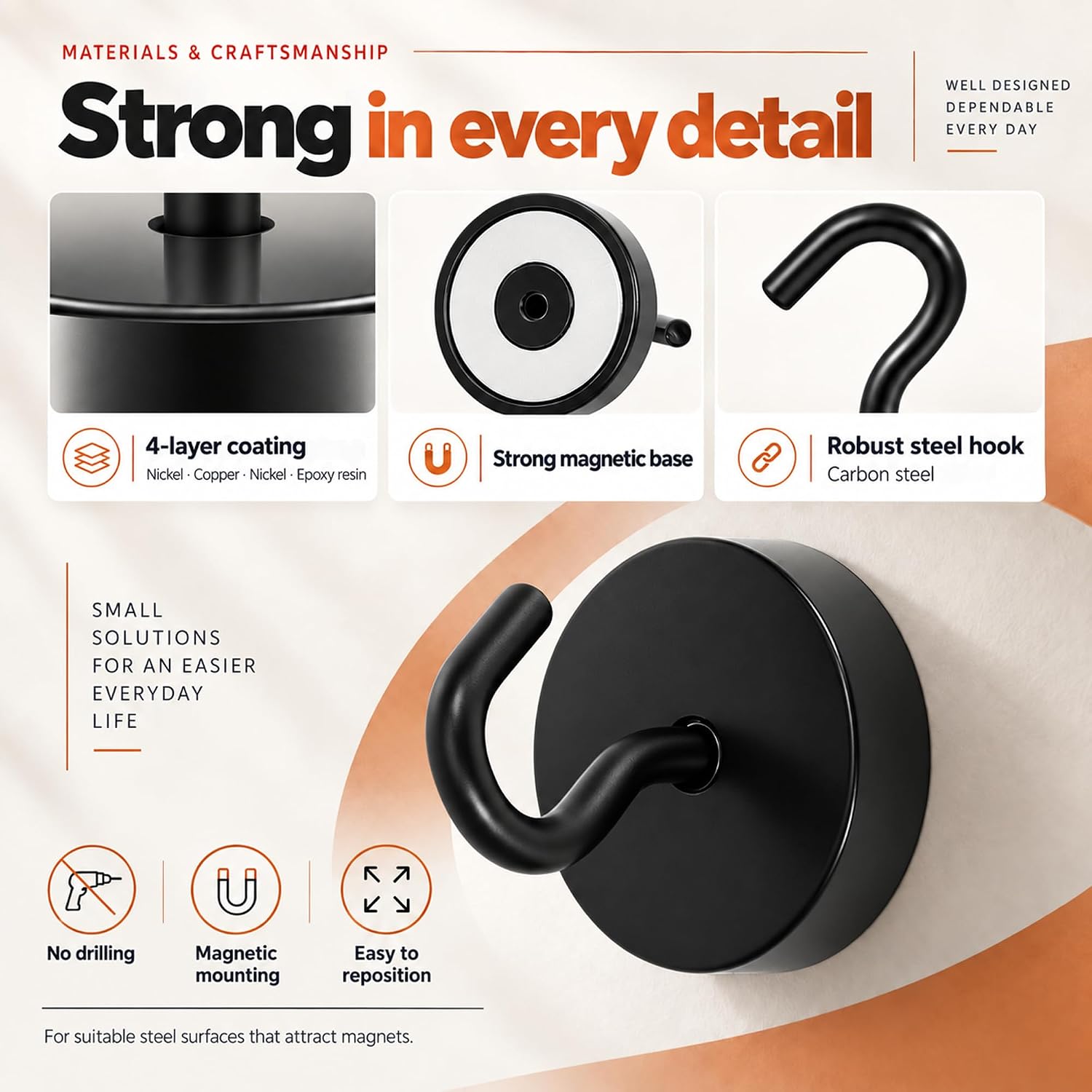 Thumbnail 6 de Neosmuk NPM26X10US20240304black Magnetic Hooks, Black Steel, 10-Pack