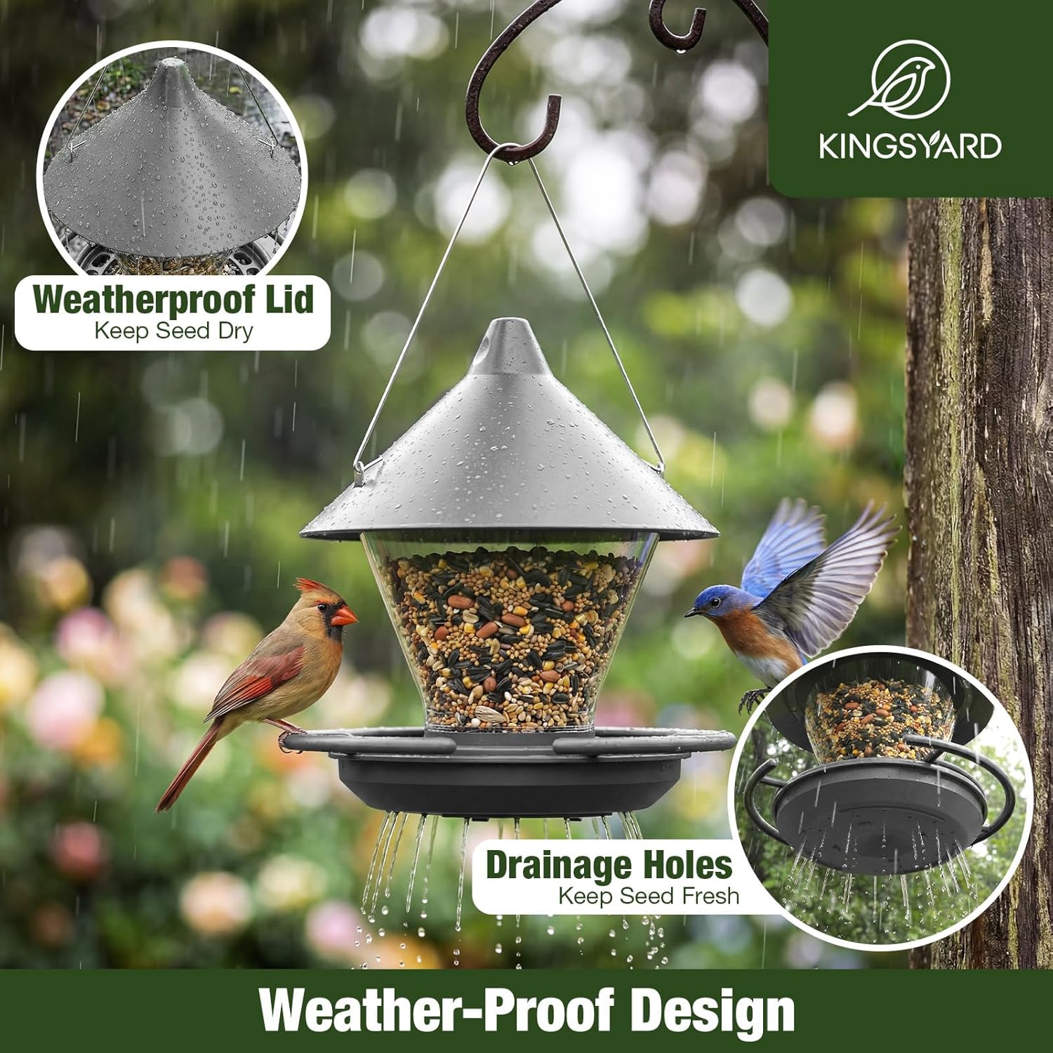 Thumbnail 6 de Kingsyard Bird Feeder for Outdoors Hanging, 3 lb Large Capacity, No-Spill Tray & Built-in Perch (Grey)