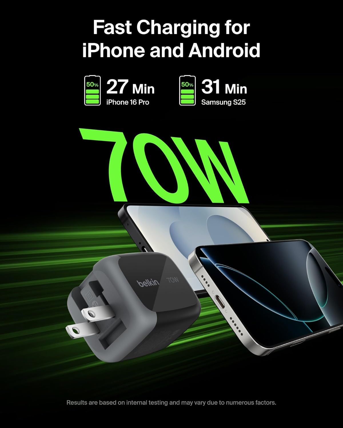 Thumbnail 3 de Belkin 70W GaN 3-Port USB-C Charger Block (2x USB-C, 1x USB-A) for Fast Charging