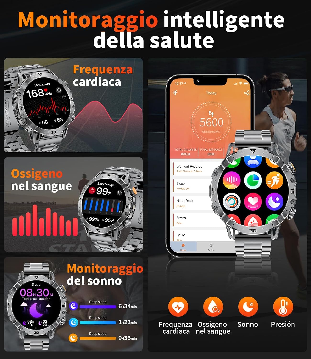 Detalle de 1000mAh Smartwatch Uomo Militare con Chiamata Bluetooth e 1,7'' Display – IP68, 110+ Modalità Sportive