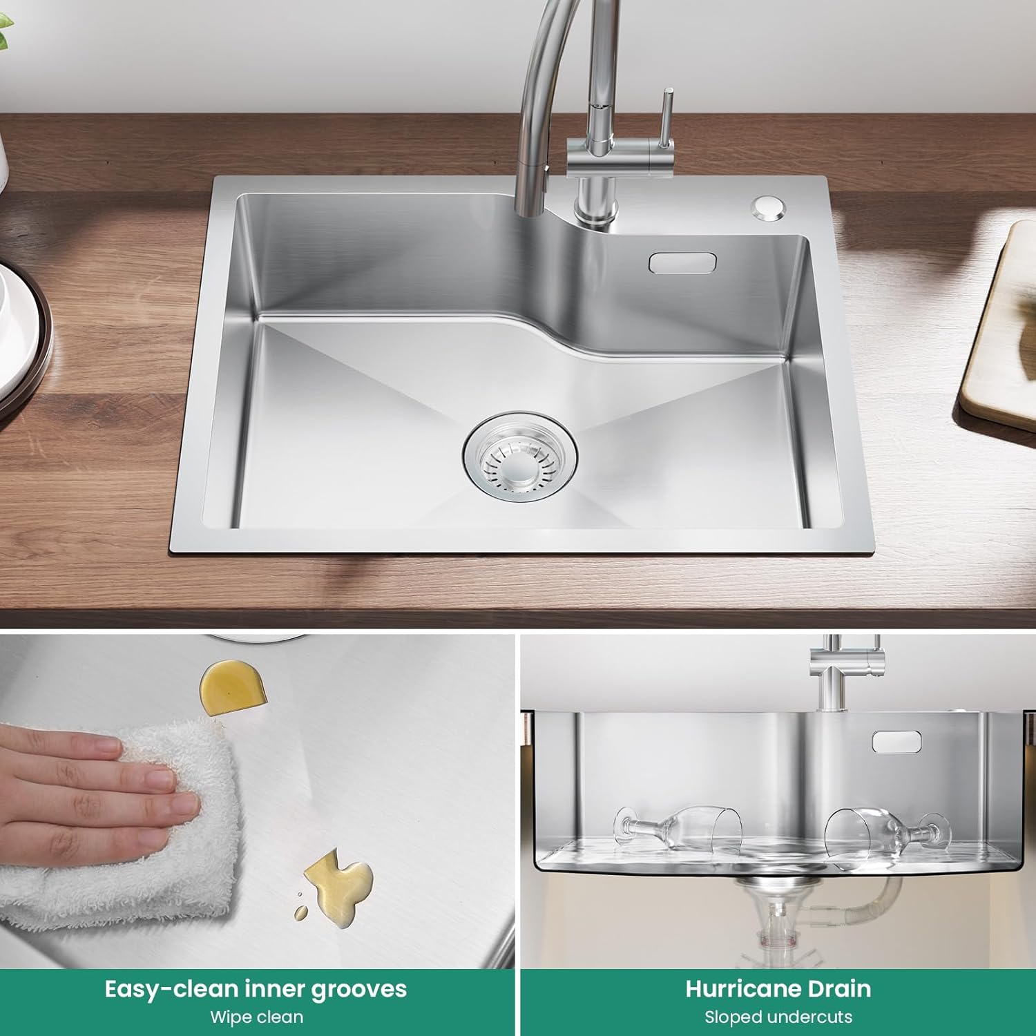 Thumbnail 6 de ANYCEE Lavello in acciaio inox 60 x 45 cm, 1 vasca con foro rubinetto e cestello