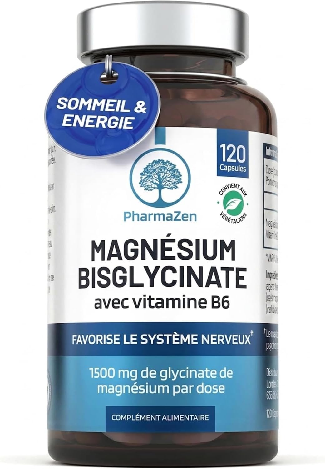 Detalle de Magnésium Bisglycinate 300 mg + Vitamine B6 PharmaZen (120 gélules vegan) pour le sommeil, le stress et la fatigue