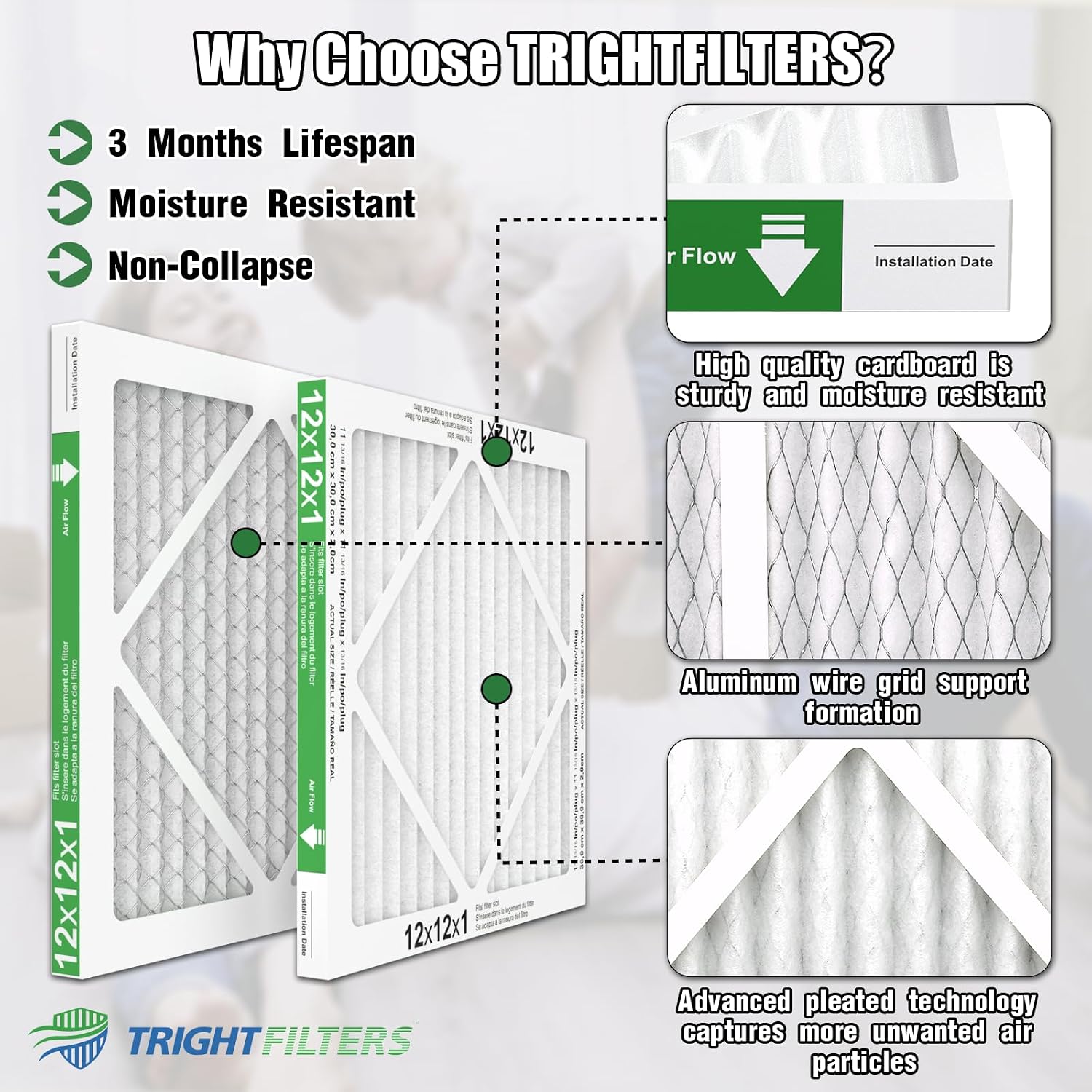 Detalle de TRIGHTFILTERS 12x12x1 Air Filter 6 Pack – Durable MERV 8 Pleated Home HVAC Replacement