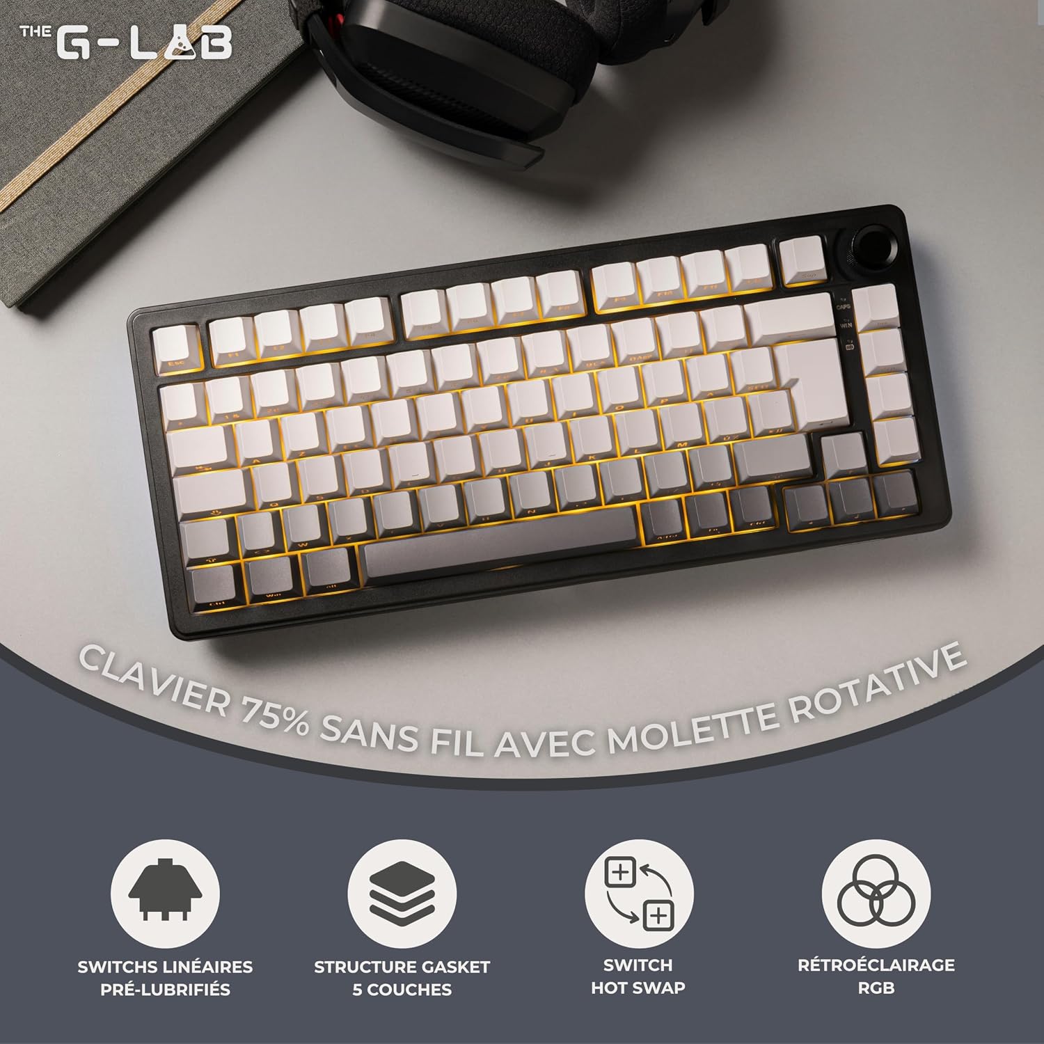 Detalle de The G-Lab KEYZ ELITE 300 GRG – klawiatura gamingowa 75% AZERTY, tri-mode, hot-swap
