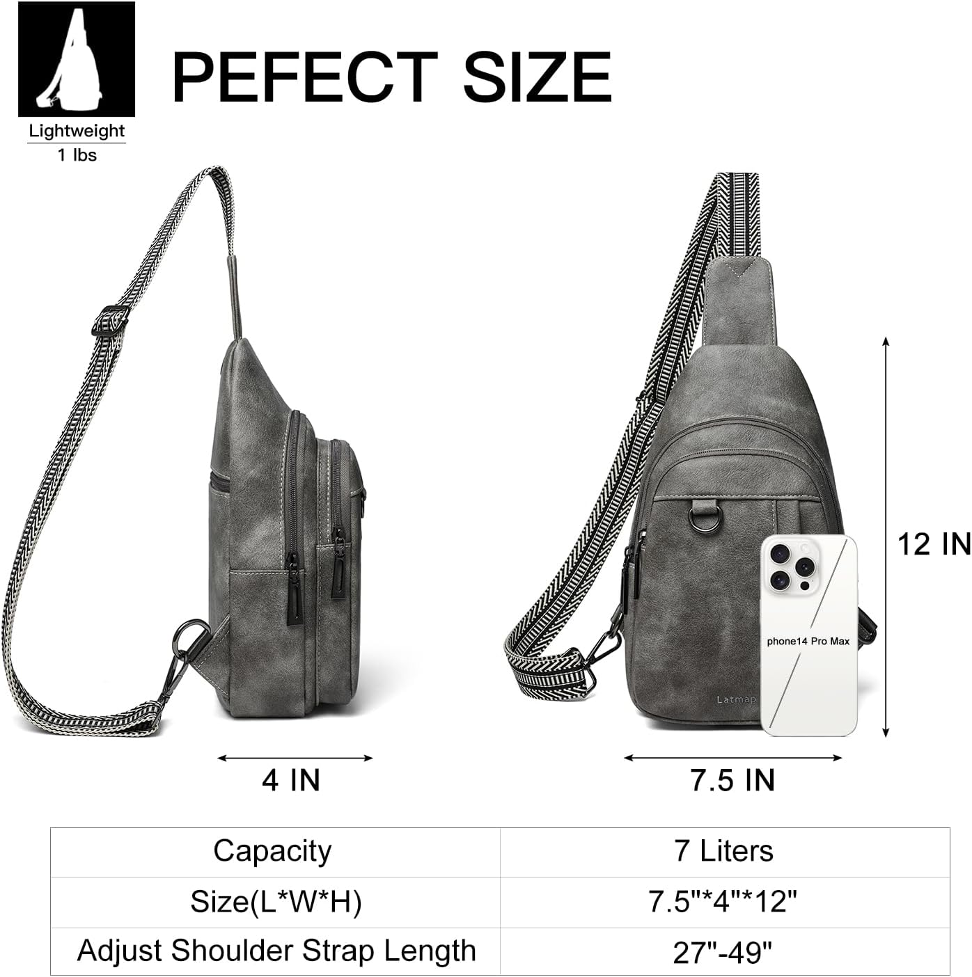Thumbnail 4 de LATMAP 7L sling bag for women – grey crossbody chest pack with anti-theft zip