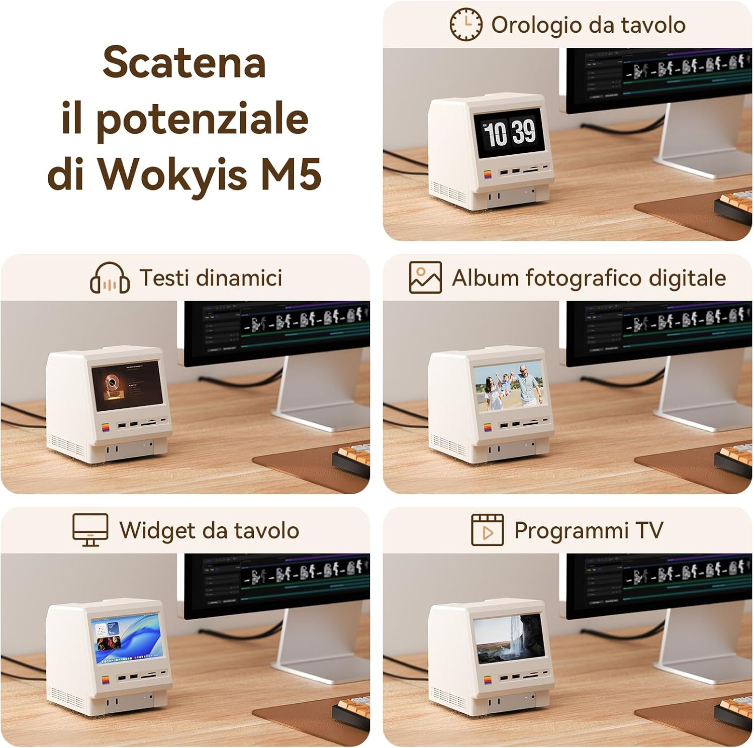 Detalle 2 de Wokyis M5 Retro Dock Station per Mac mini M4 Pro: hub Thunderbolt 80 Gbps con schermo integrato e raffreddamento