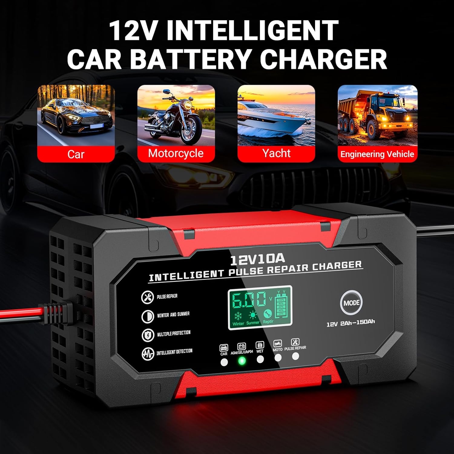 Thumbnail 3 de Battery Charger 10A 12V Fully Automatic Smart Car Battery Charger with LCD Display & Temperature Compensation