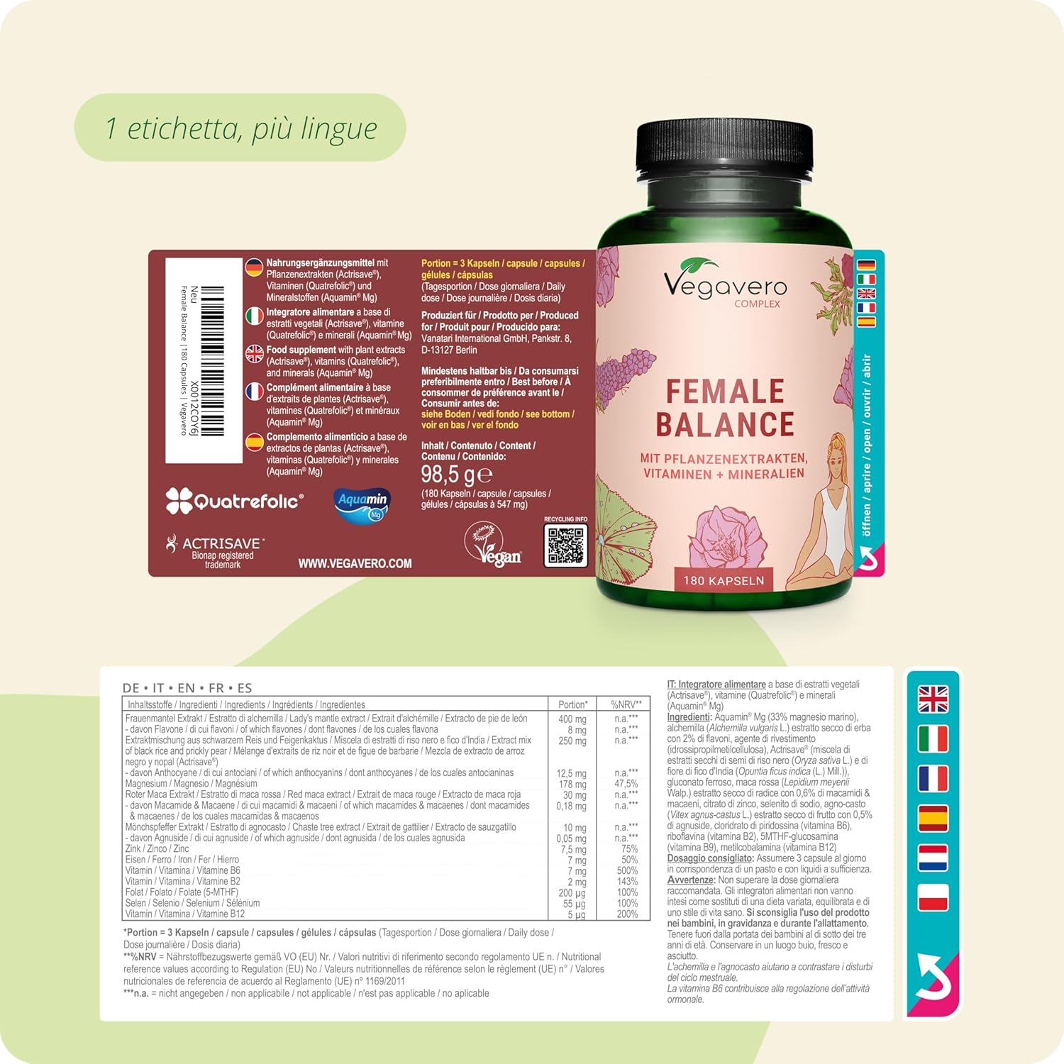 Detalle de Vegavero Female Balance 180 capsule: equilibrio ormonale vegano con agnocasto, maca e micronutrienti
