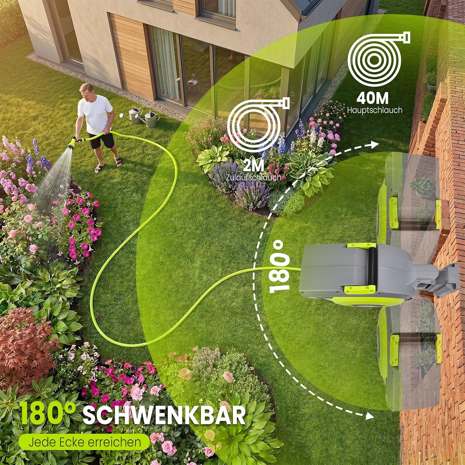 Detalle de Bietor Schlauchtrommel 40m+2m – Wandbox mit 180° Drehung, 9-fach Düse und automatischem Rückzug
