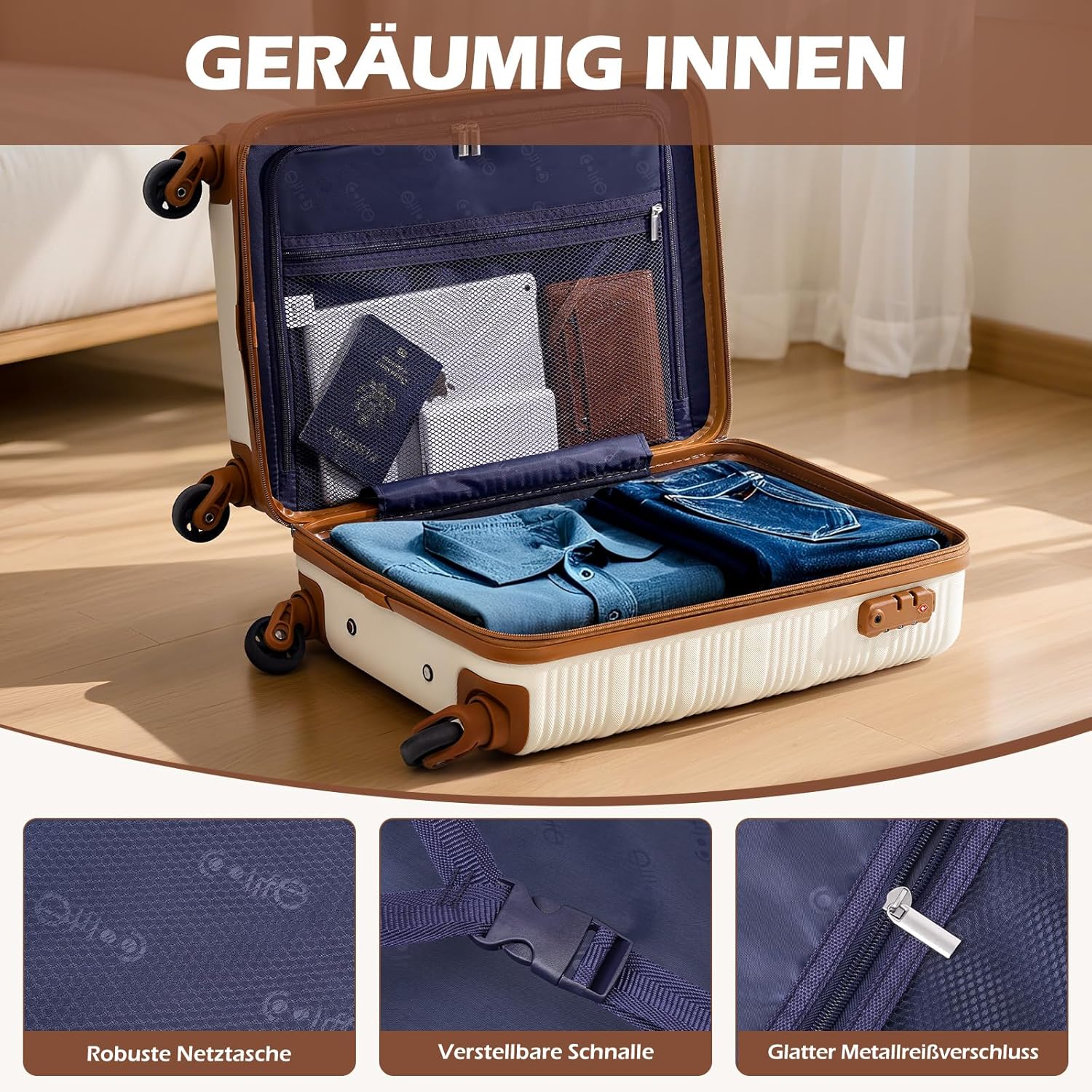 Detalle de COOLIFE Handgepäck-Koffer Set (55×35×20 cm) + 20‑L Reisetasche (40×25×20 cm) mit TSA-Schloss und 4 Silent Spinner-Rädern