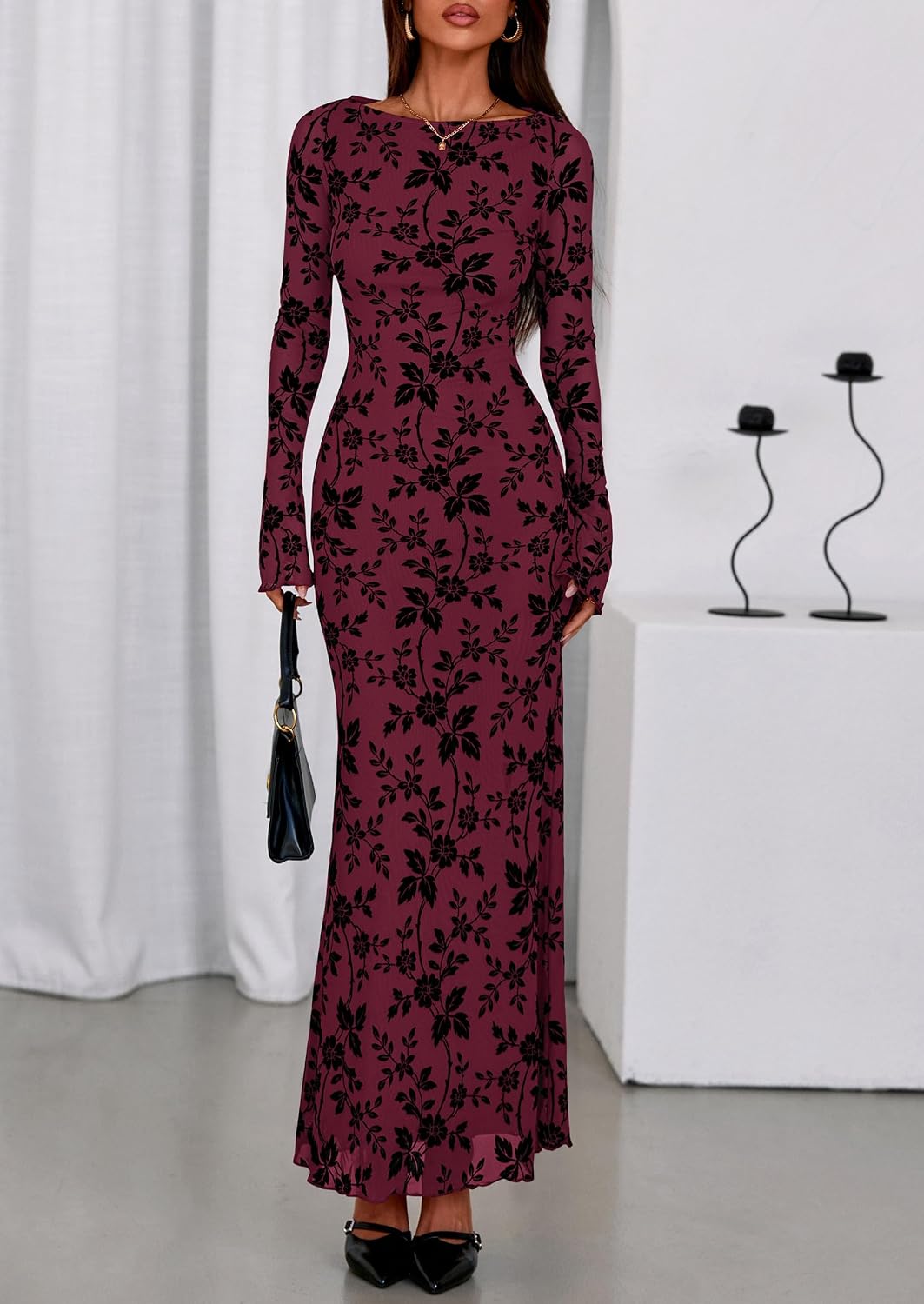 Thumbnail 6 de PRETTYGARDEN Floral Bodycon Maxi Dress, Boat Neck, Long Sleeve Mesh