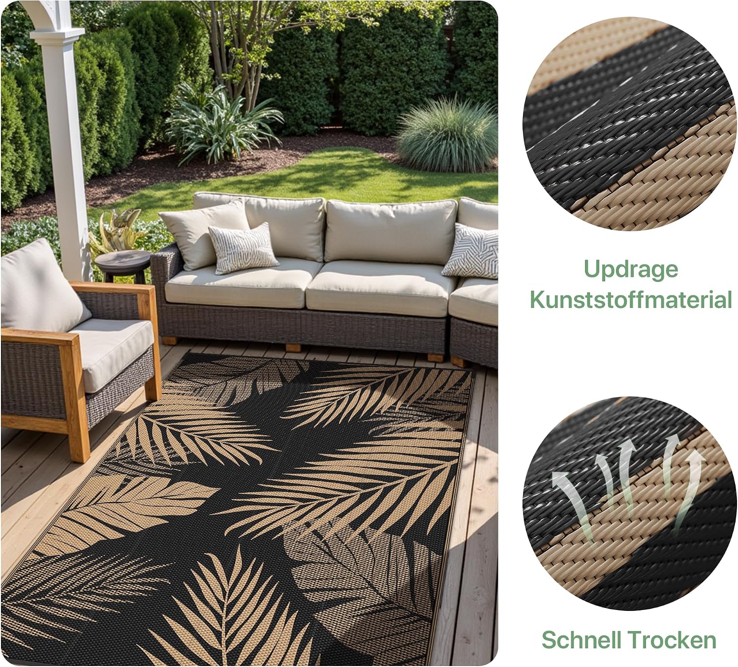 Detalle de GENIMO Outdoor-Teppich Wetterfest 150x240 cm – Balkon-Teppich mit botanischem Blattmuster, waschbar (Schwarz/Braun)