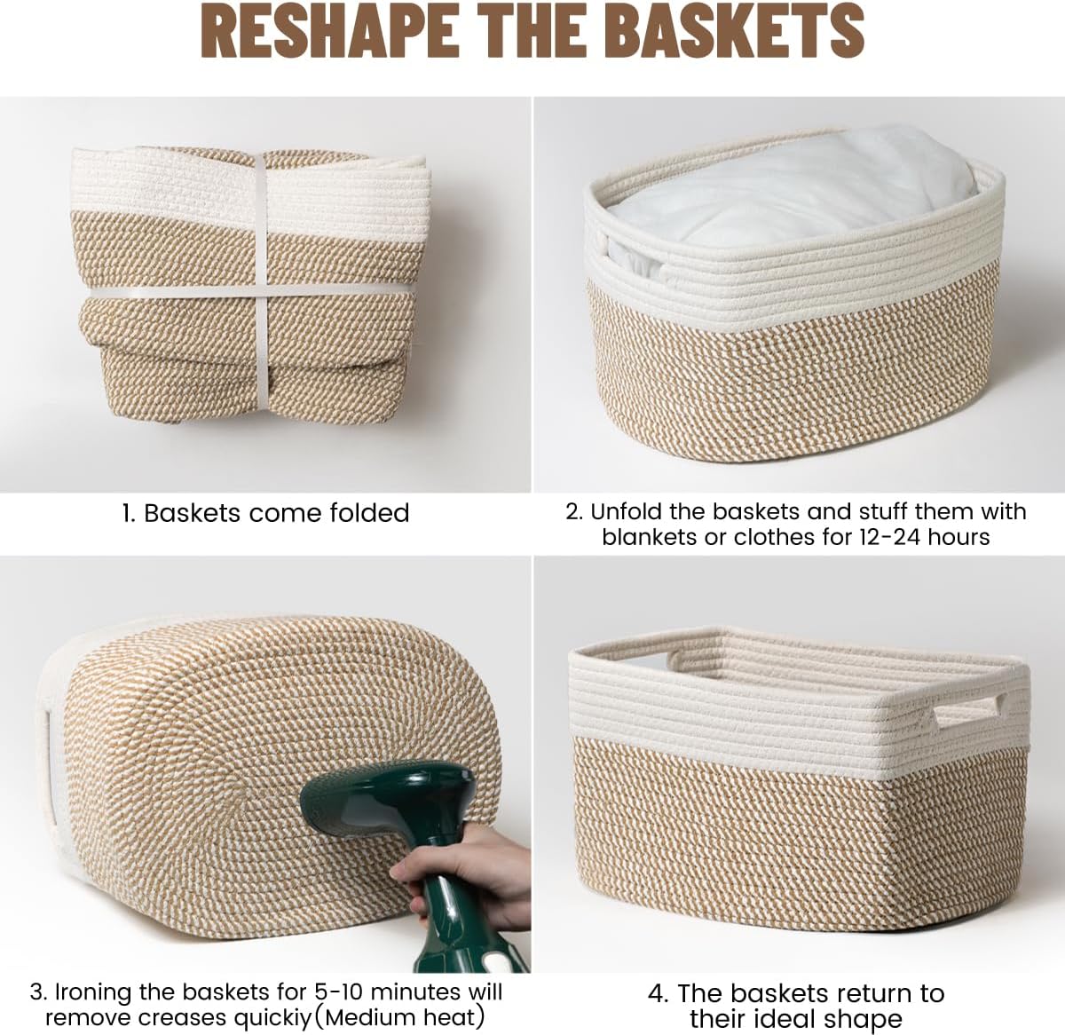 Thumbnail 6 de Yilobi 5-Pack Woven Cotton Rope Storage Baskets (Khaki & White) for Shelves