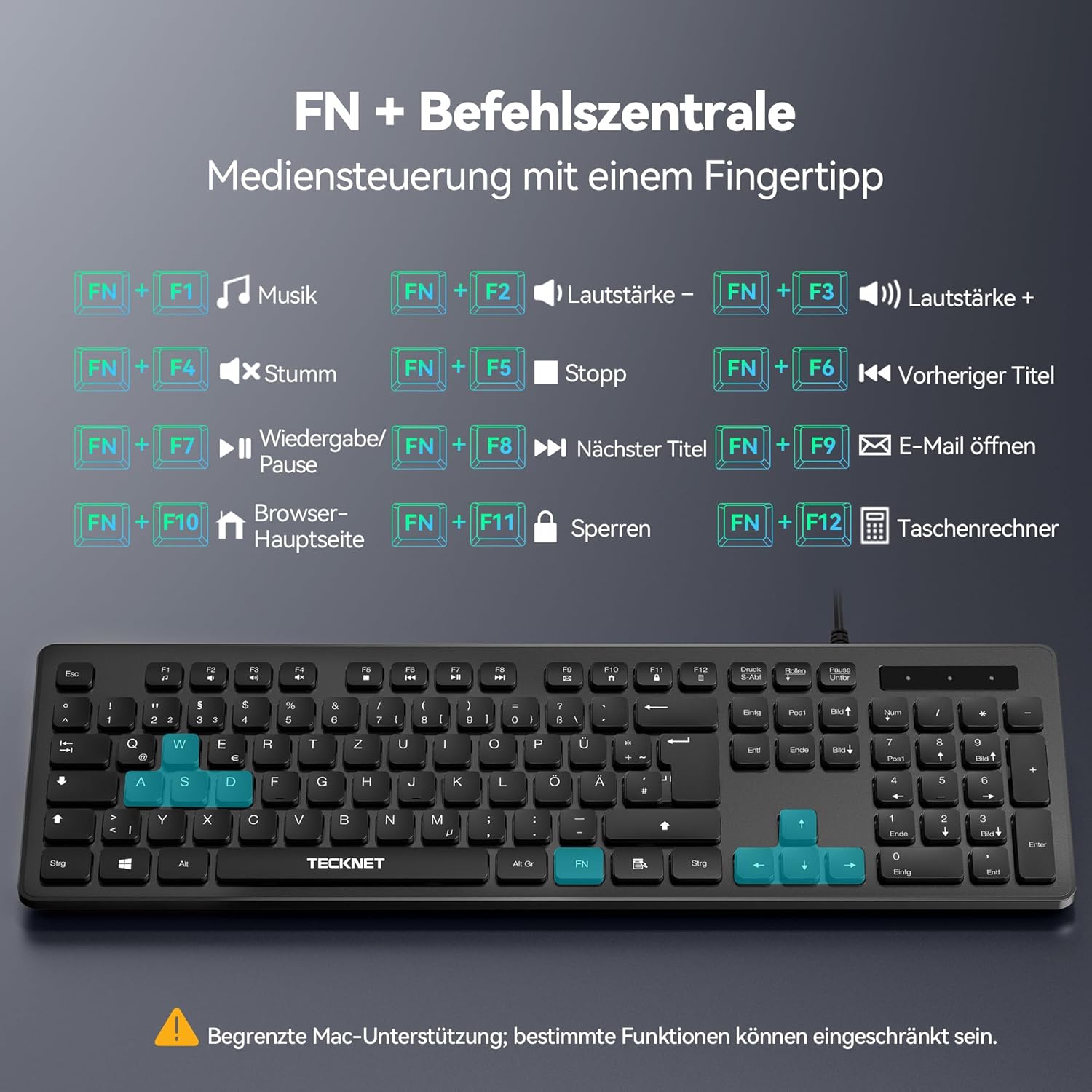 Thumbnail 3 de TECKNET kabelgebundene USB-Tastatur (Vollgröße) mit Nummernblock, QWERTZ, spritzwassergeschützt – leise Tasten